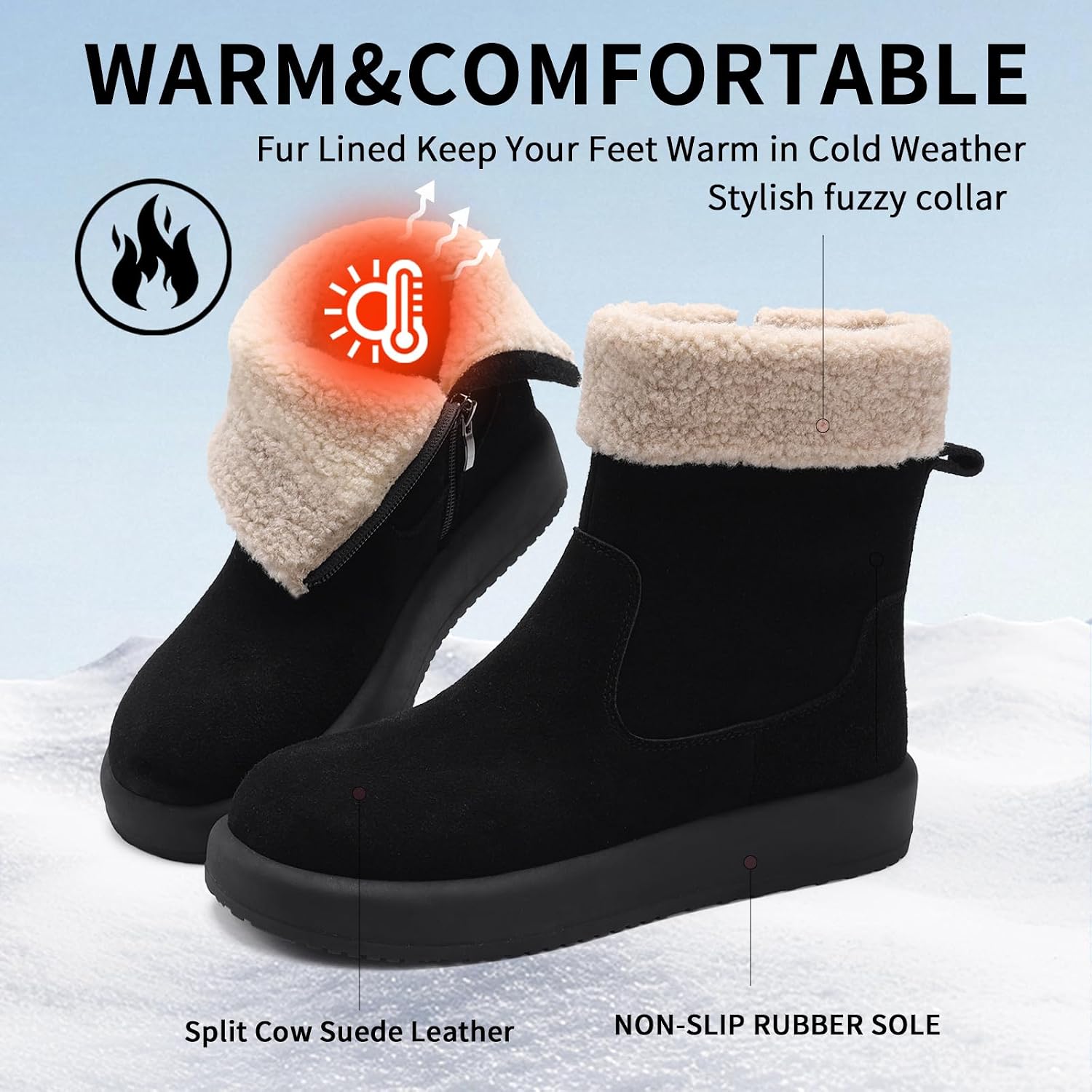Women's Mid-Calf Winter Boot,100% Soft Waterproof Cow Suede Leather,Soft Fur lining with Comfortable Insole Womens Snow Boots,Medial Side Zipper for Easy Slip-On,Lightweight Winter Womens Shoes