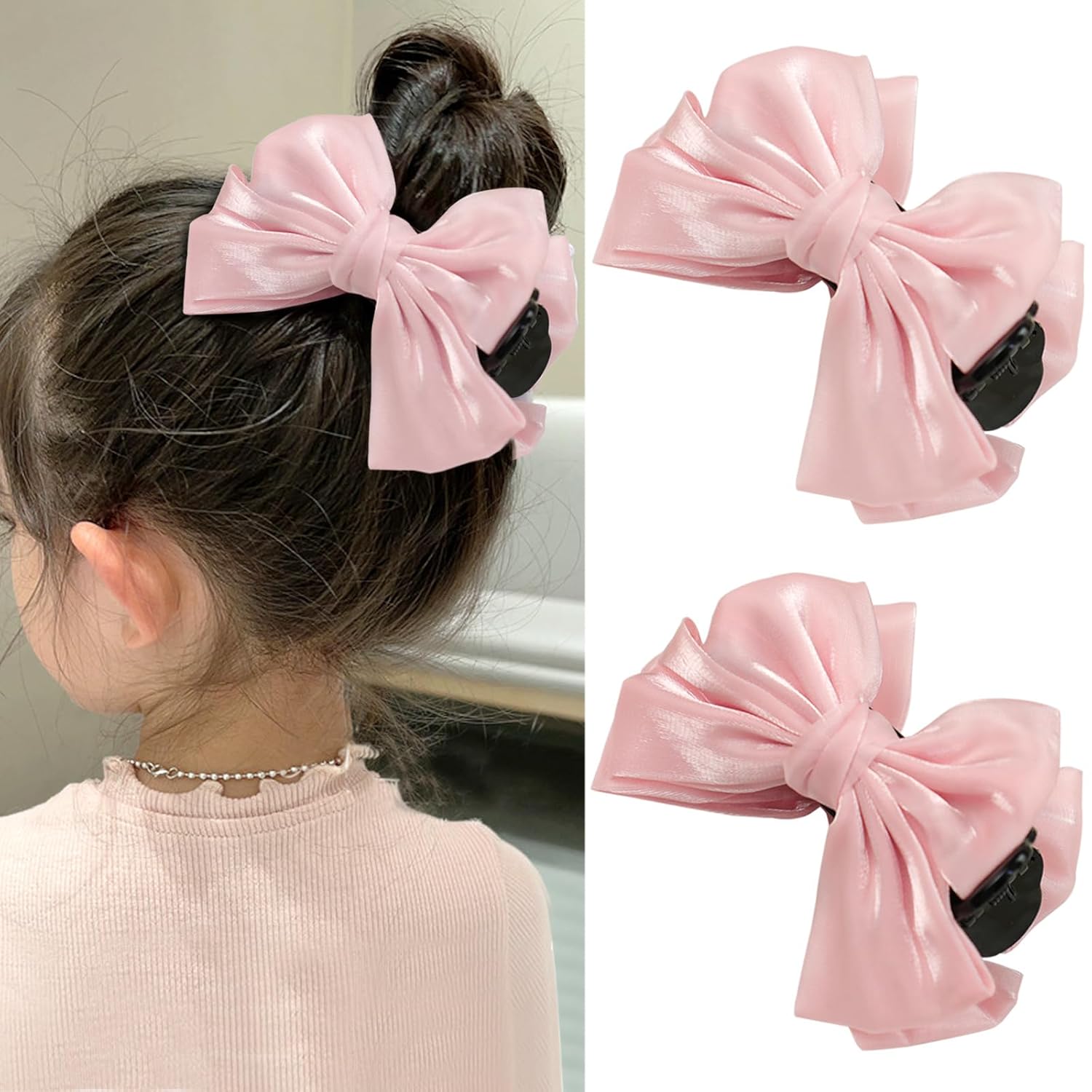 2 Pcs Bow Ponytail Hair Claw Pink Bowknot Hair Claw Clips Cute Non-Slip Chignon Accessories for Thinhair Toddler Little Girl Kids (Pink)