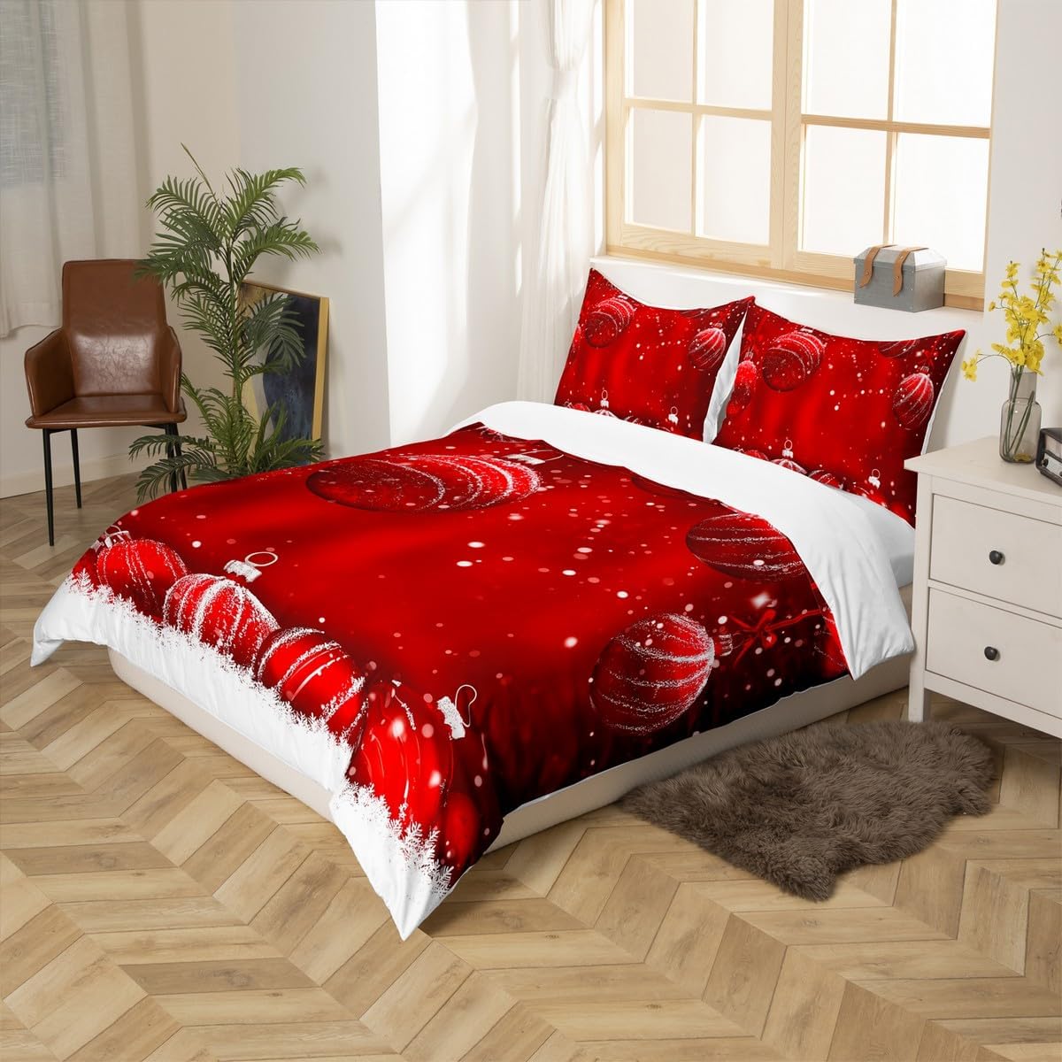 Christmas Bedding Set,Red Christmas Snowflake Duvet Cover for Kids Teens Boys Girls,Xmas Theme Comforter Cover Decorative Room,Winter Snowflake Quilt Cover with 2 Pillowcases,King Size(No Comforter)