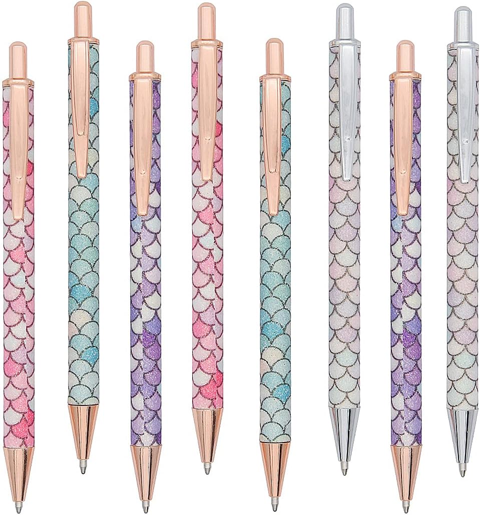 SIPLIV 8 Pcs Metal Glitter Ballpoint Pens Bling Fish Scales Lattice Ballpoint Pens, Retractable Pen Black Ink Stationery Office Supplies for Women Girls - Multicolor - Image 3
