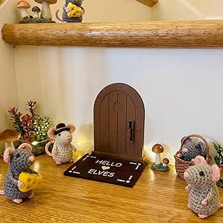 Whimsical Mini Wooden Mouse Door with a Small Rug Elf Fairy Door Kit Imaginative Home Decor for Tuck Wall Baseboard Fairy Garden Accessories