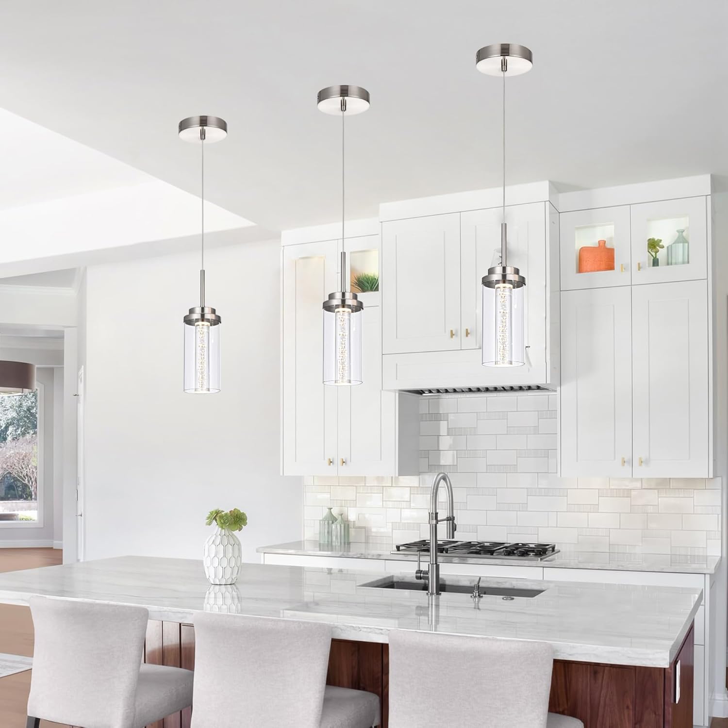 MELUCEE 3 Packs Dimmable LED Pendant Lights Fixtures Brushed Nickel, Adjustable Hanging Ceiling Lamp with Clear Glass Shade, Modern Pendant Light for Kitchen Island Dining Room Hallway, 3000K-6000K