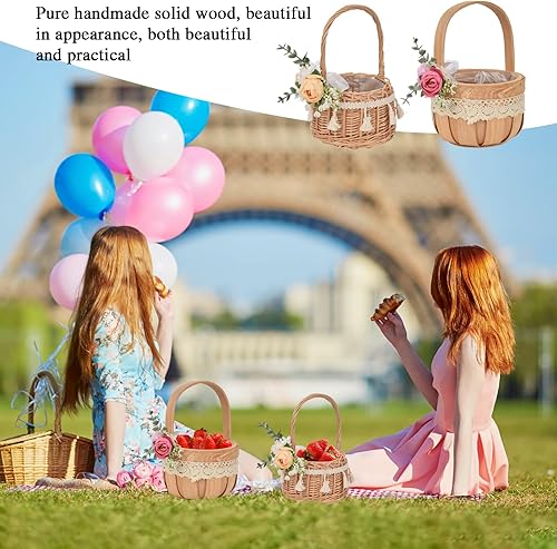 Miniatura 3 de MODUDY Paquete de 2 canastas para niña de flores, ramo de flores, pétalos de seda, cinta blanca para boda, cesta de almacenamiento tejida con asa,