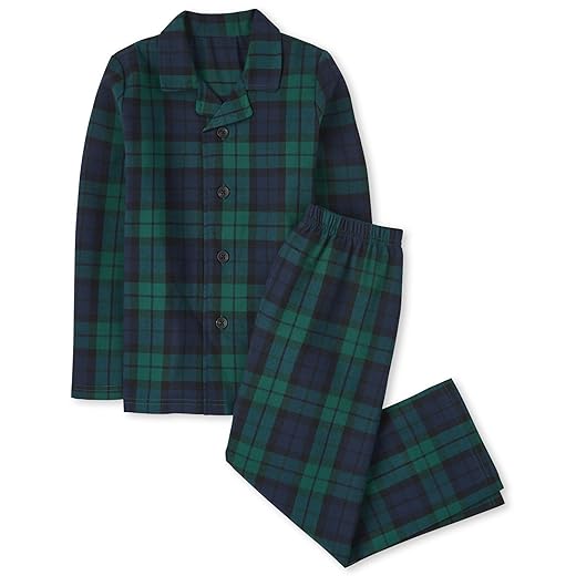 The Children's Place Baby Christmas Flannel Pajama Set, Navy/Green Plaid, Medium