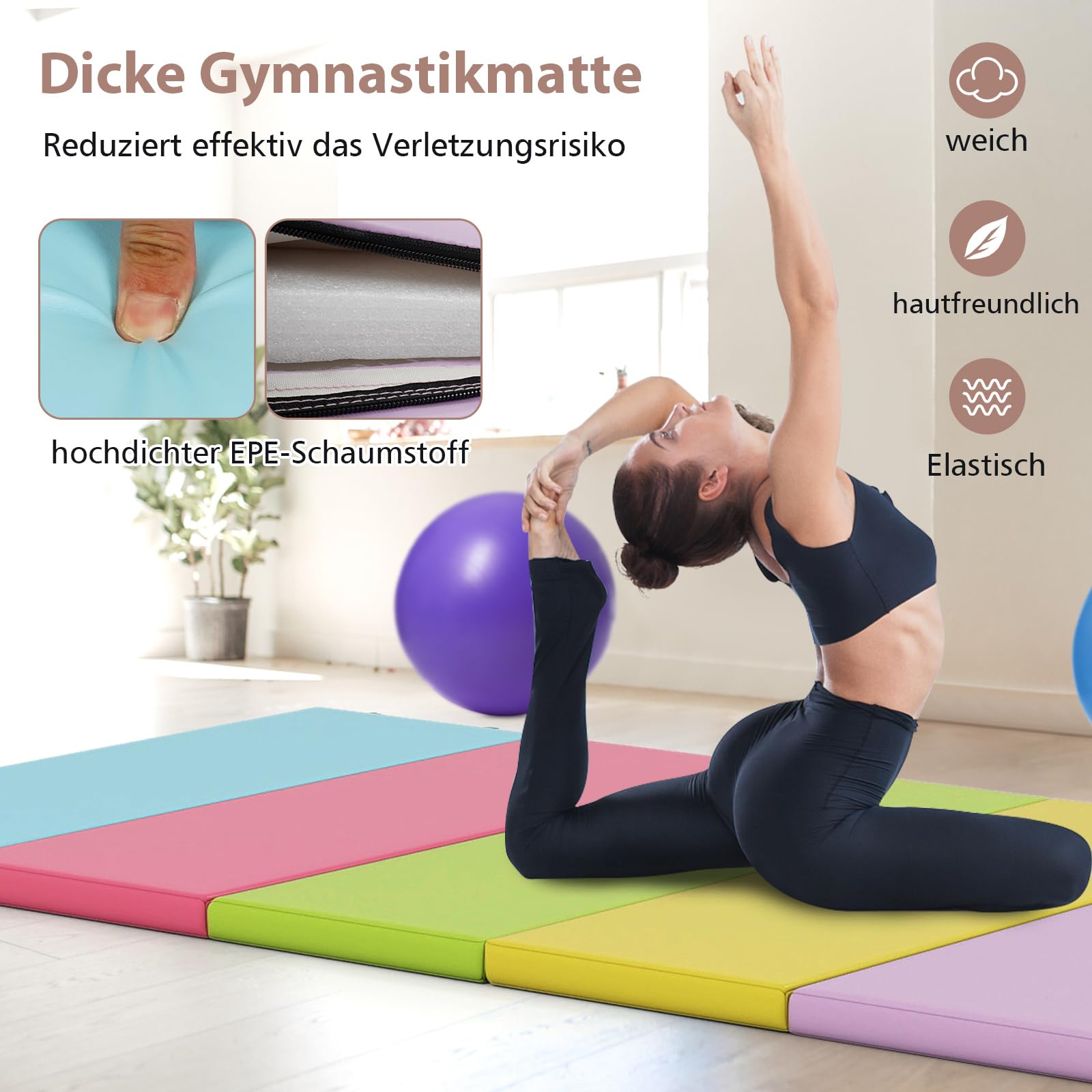 COSTWAY Turnmatte klappbar Weichbodenmatte Gymnastikmatte 5-fach faltbar aus PU mit Tragegriff Sportmatte Fitnessmatte Home für Kinder und Erwachsene