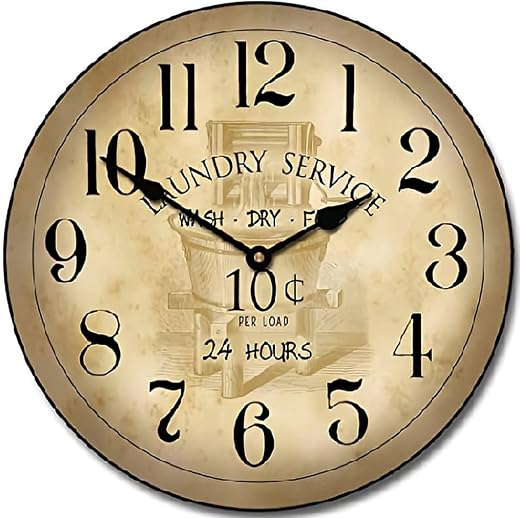 Laundry Room Wall Clock Vintage Wooden Round Clock Wall Decor 10 Inch Battery Operated Decorative