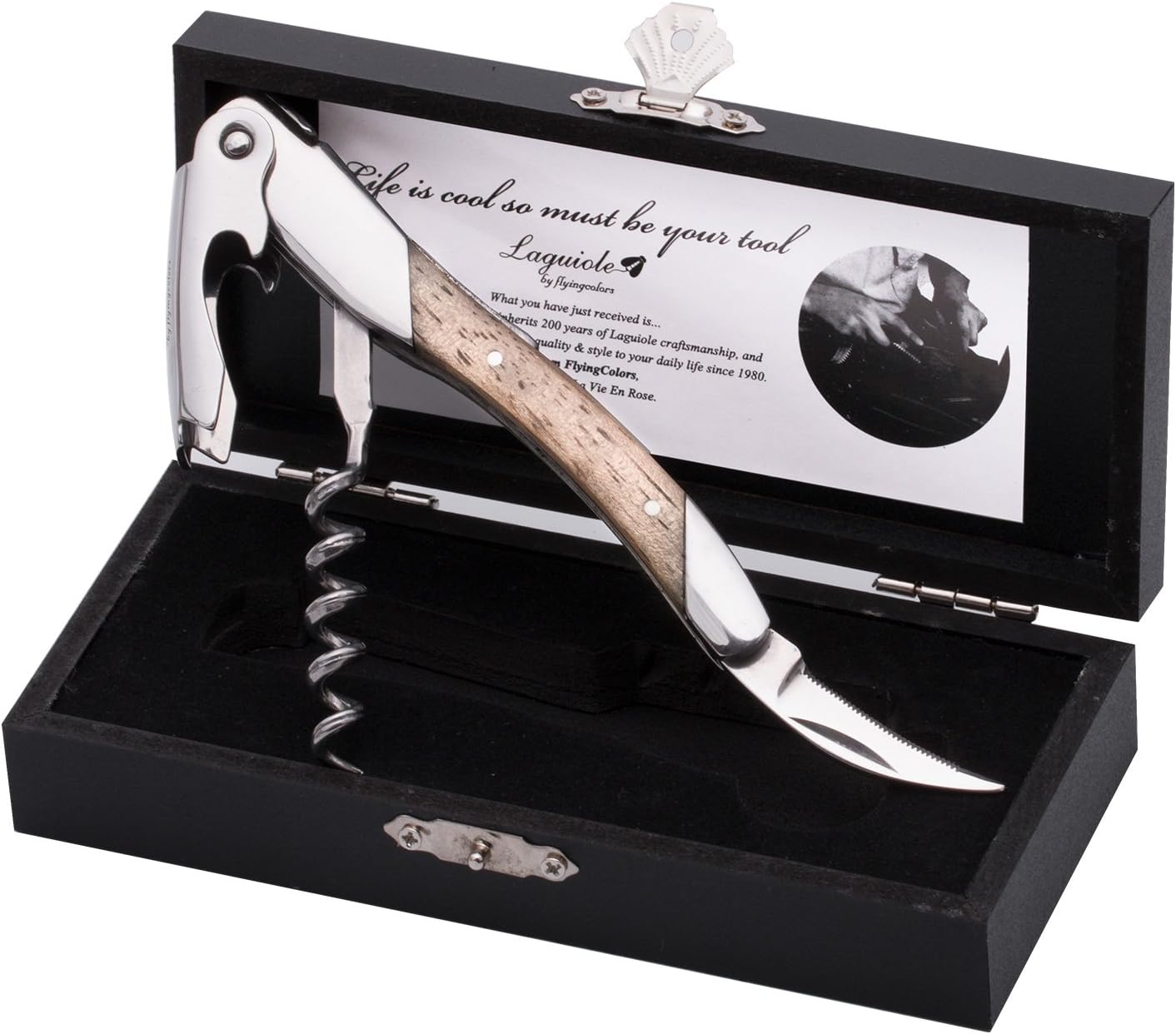 Laguiole By FlyingColors Wine Opener Sommelier Professional Waiter's Corkscrew, Wooden Gift Box. Sommelier Knife, Corkscrew, Foil Cutter, and Bottle Opener (Rubber wood)