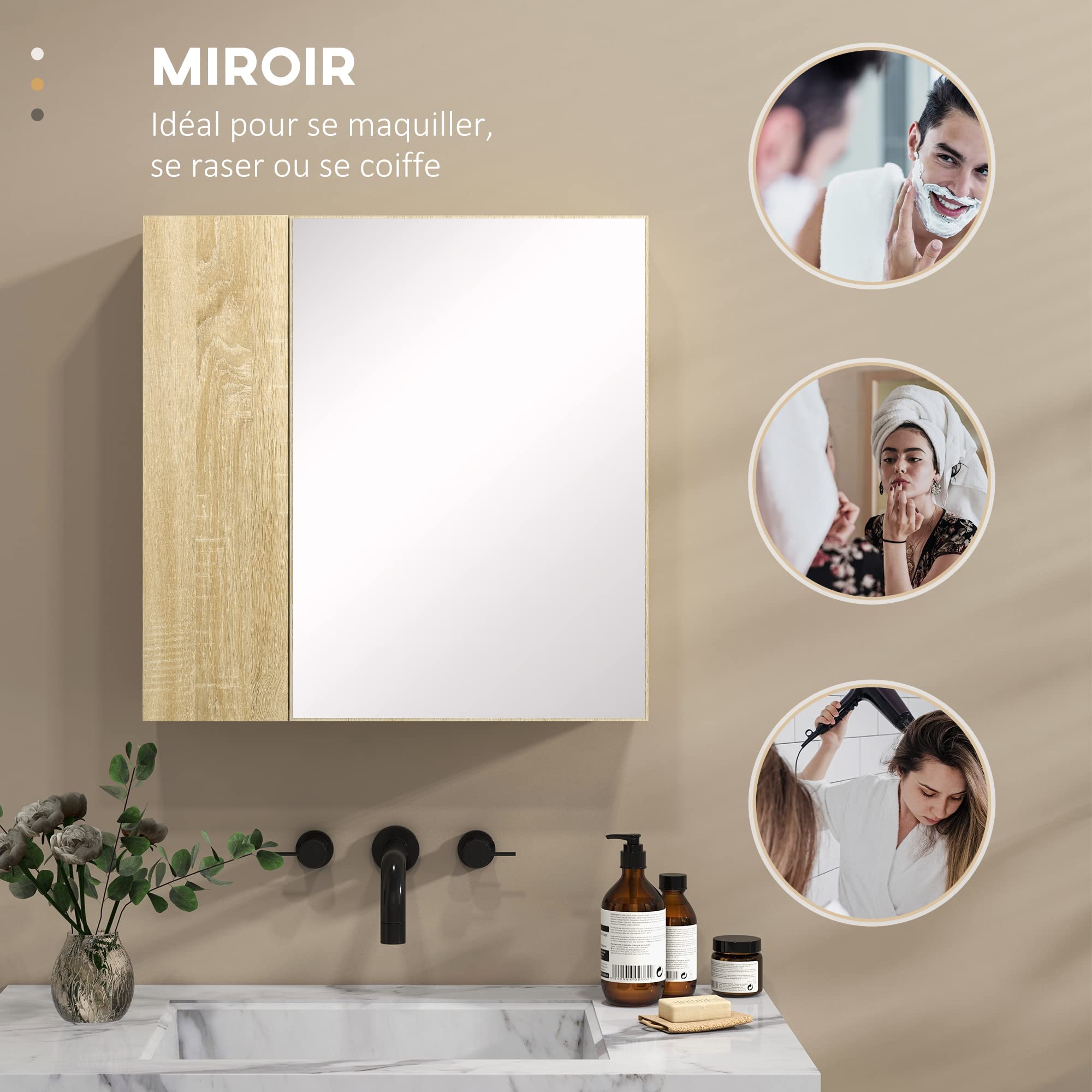 Armoire Salle De Bain Kleankin Avec Miroir - 60x15x60cm - 2 Portes, 2 étagères - Installation Murale - Style Naturel