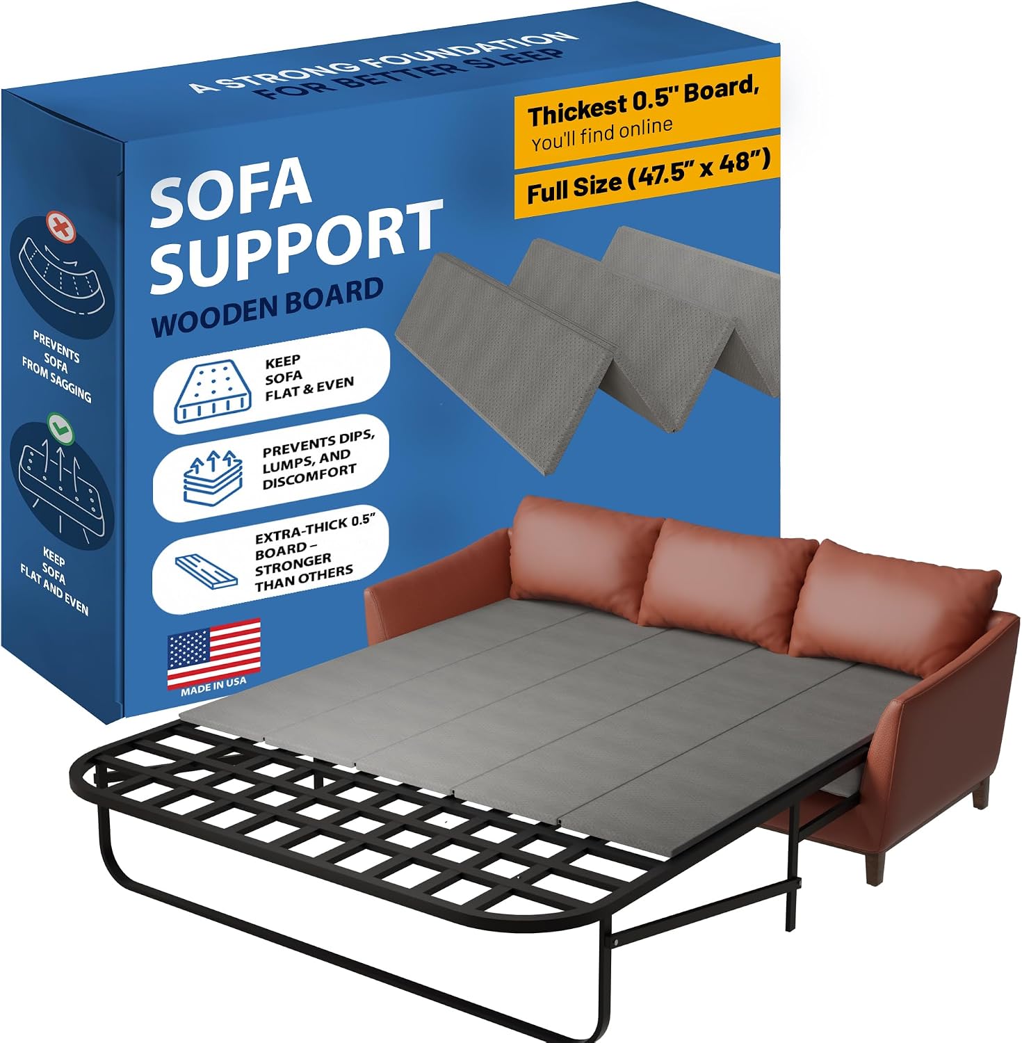 Treaton, Heavy Duty Sleeper Sofa Support Board, 48" x 47.5" Wood Base to Fix Sagging Seats, Reinforced Under Cushion Panel for Sofas and Bed Support, Pull Out Couch Mattress Board, Easy Installation