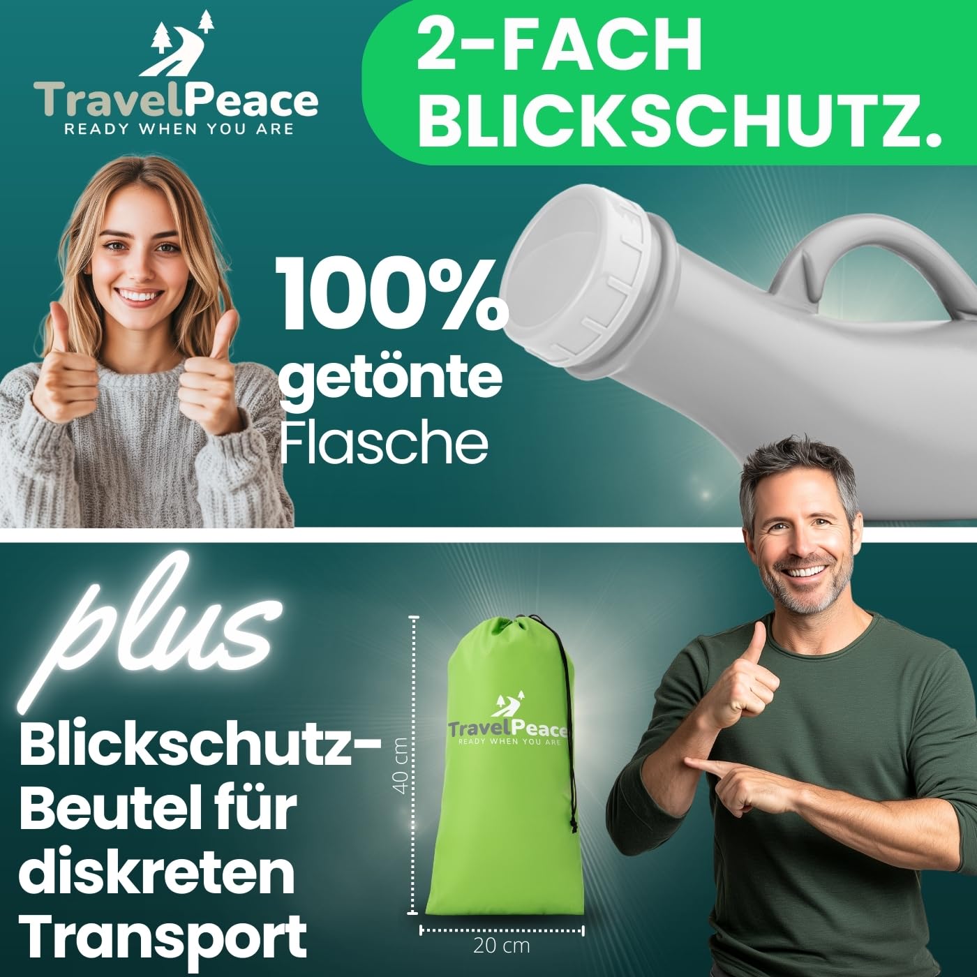 Urinflasche - 3in1 Komplett Set - mit Komfort Hygienebürste - inkl. Blickschutz-Beutel - Urinal Frauen und Männer