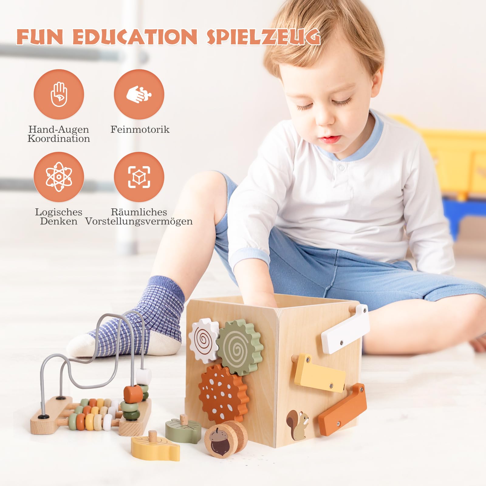 WOODEN TEETHER Montessori Motorikwürfel holzspielzeug Montessori Spielzeug 6 in 1（Naturholzfarbe Aktivitätswürfel）