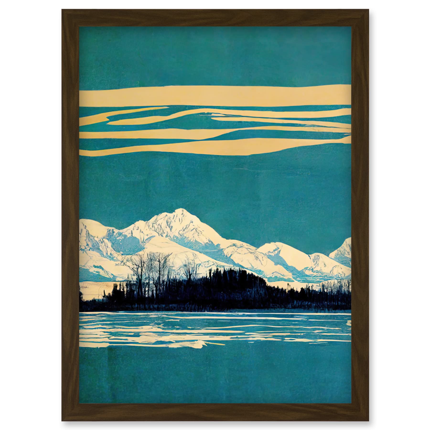 Wee Blue Coo Winter Lakeside Landscape With Snowy Mountains Duotone Teal Artwork Framed Wall Art Print A4