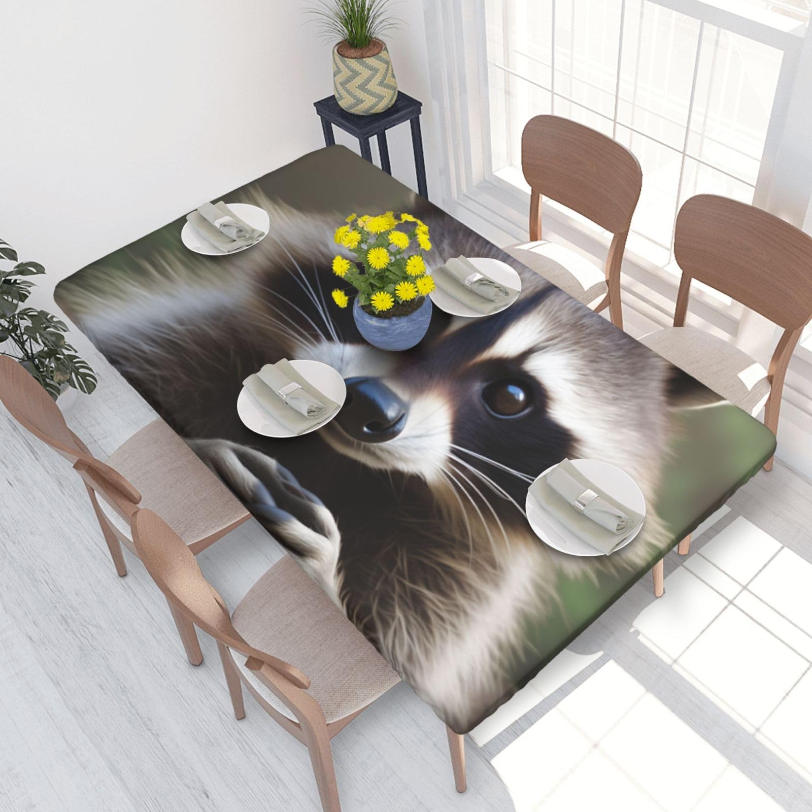 DCARSETCV Cute Raccoon Printed 4FT Waterproof Tablecloth with Elastic Edged Protect & Decor Your Table, Oil-proof Washable Table Cloth Cover for Dinner Picnic Party