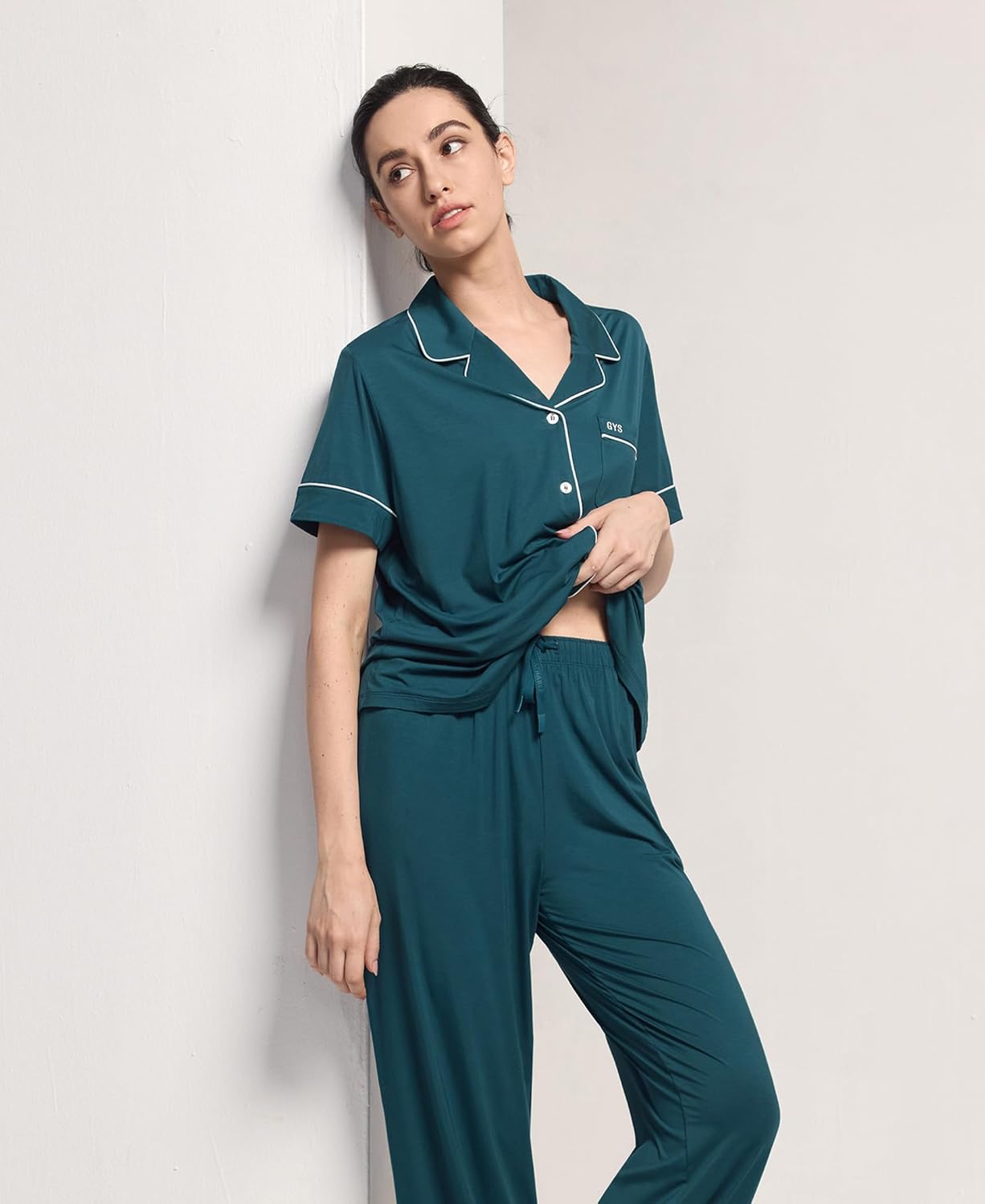 GYS Women's Pajama Set Bamboo Viscose Notch Collar Button Down Short Sleeve Top with Pants 2 Piece Sleepwear - Image 3