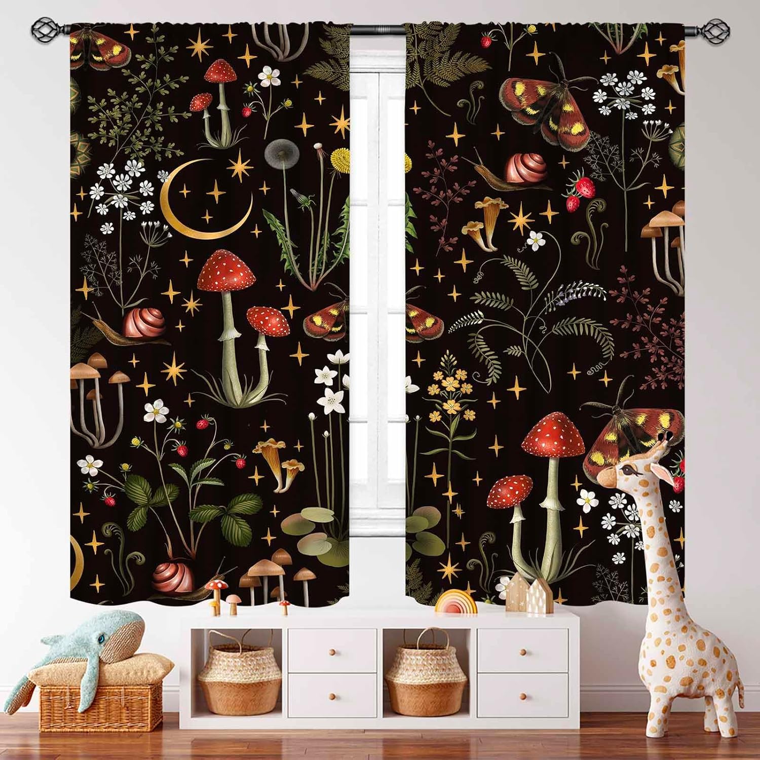 Mushroom Curtains,Retro Botanical Forest Flowers Plants Herbs Farmhouse Rural Cottage Black Drapes Treatments for Kitchen Bedroom Living Room Bathroom Window 2 Panels,42X54 Inch