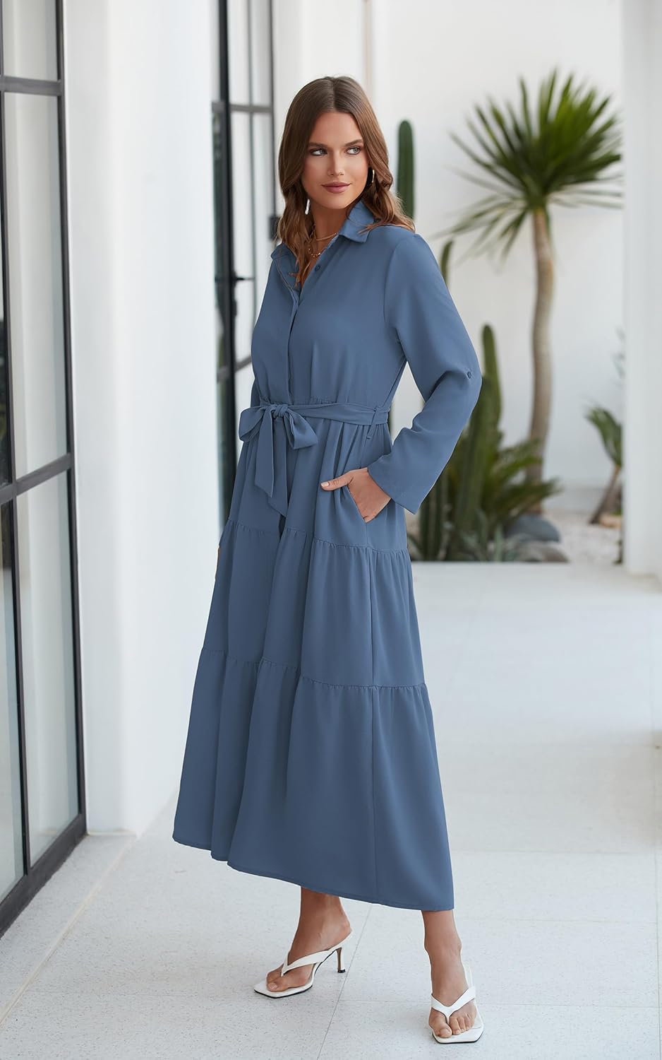ECOWISH Women's Maxi Shirt Dress - 2026 Long Sleeve Button Casual Fall A-line Work Tiered Dresses with Belt and Pockets - Image 3