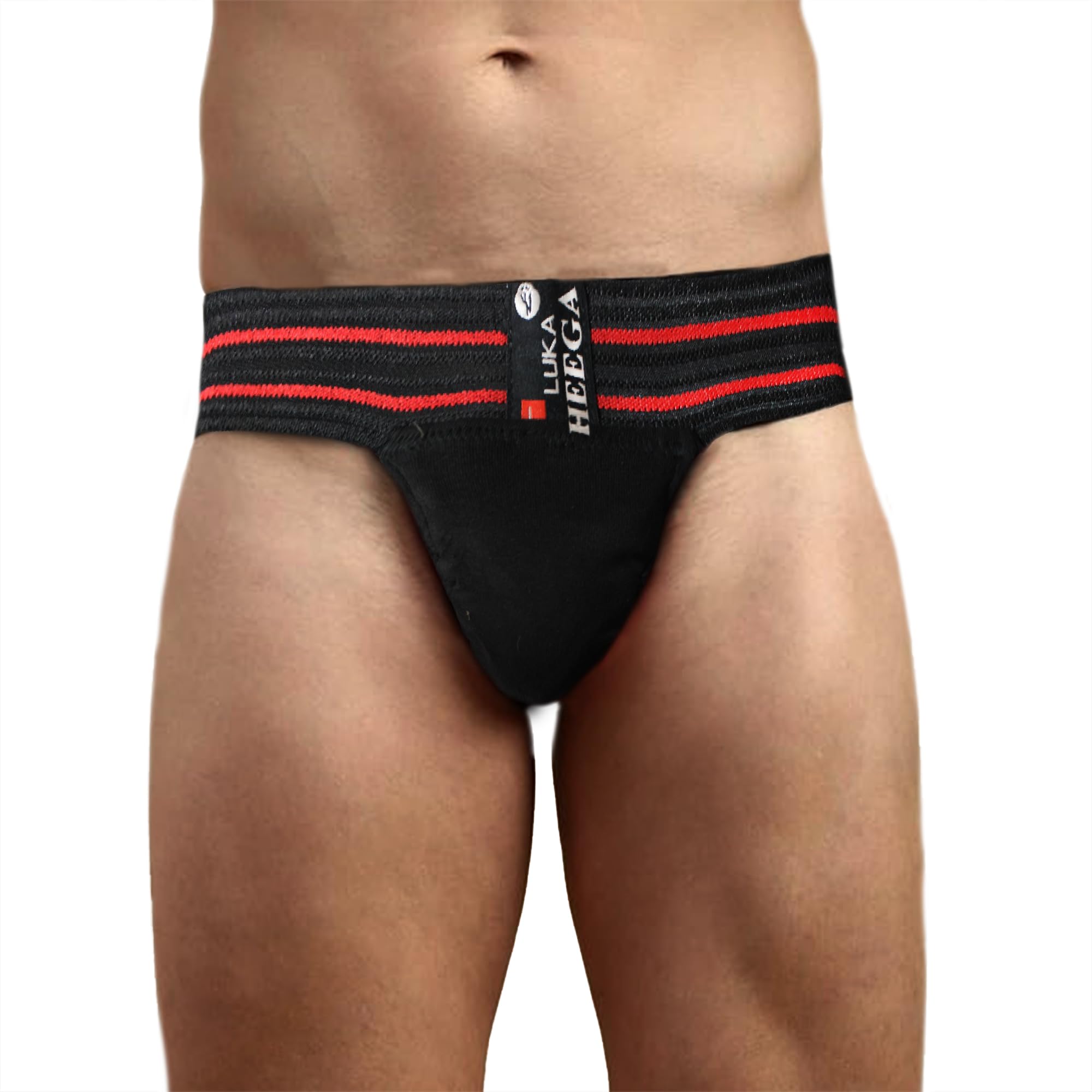 Heega Men's Cotton Ezee Stretch Small Back Covered Supporter Gym Underwear with Cup Pocket Athletic Fit (Black) - Pack of 2