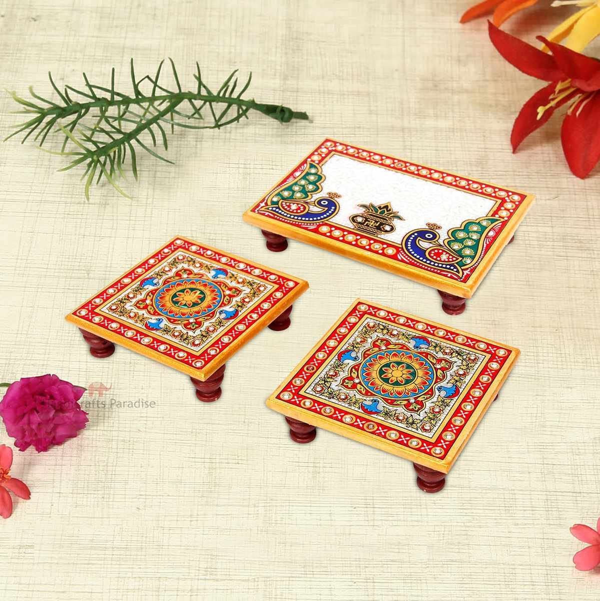 Handicrafts Paradise (6 x 4 & 4 x 4 inch, Set of 3Pc) Marble Rectangale and Square Peacock Motif Chowki (Multicolour) Home Mandir, Idols Statues Pratima, Bajot for God, Home Décor Showpiece