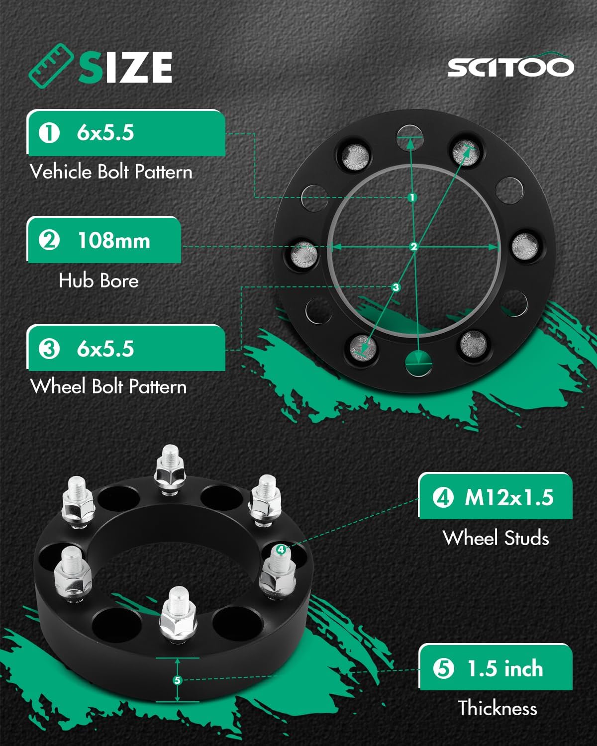 SCITOO 2Pcs 1.5 inch Wheel Spacers 6x5.5 to 6x5.5 with Studs 12x1.5 Bore 108mm Compatible with for Toyota 4Runner 1988-2022,for Mitsubishi Montero Sport 1997-2021