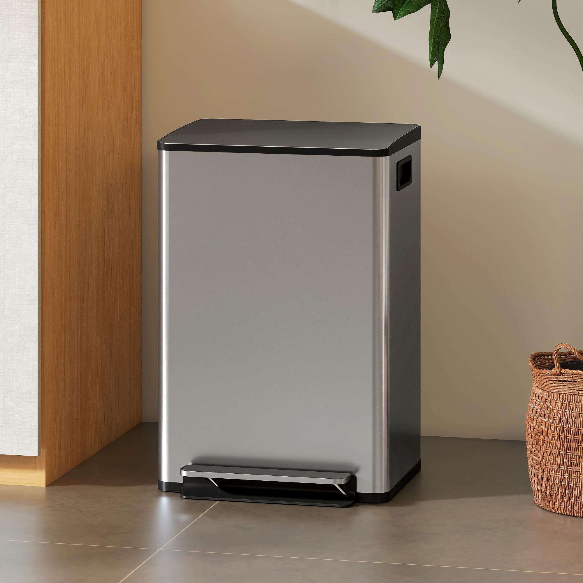 HOMCOM 13.2 Gal./50 L Cubo de basura antihuellas Soft-Close Tapa Plateado | Cubo interior extraíble, tapa de cierre suave, mantenimiento de apertura, filtro antiolor, asas