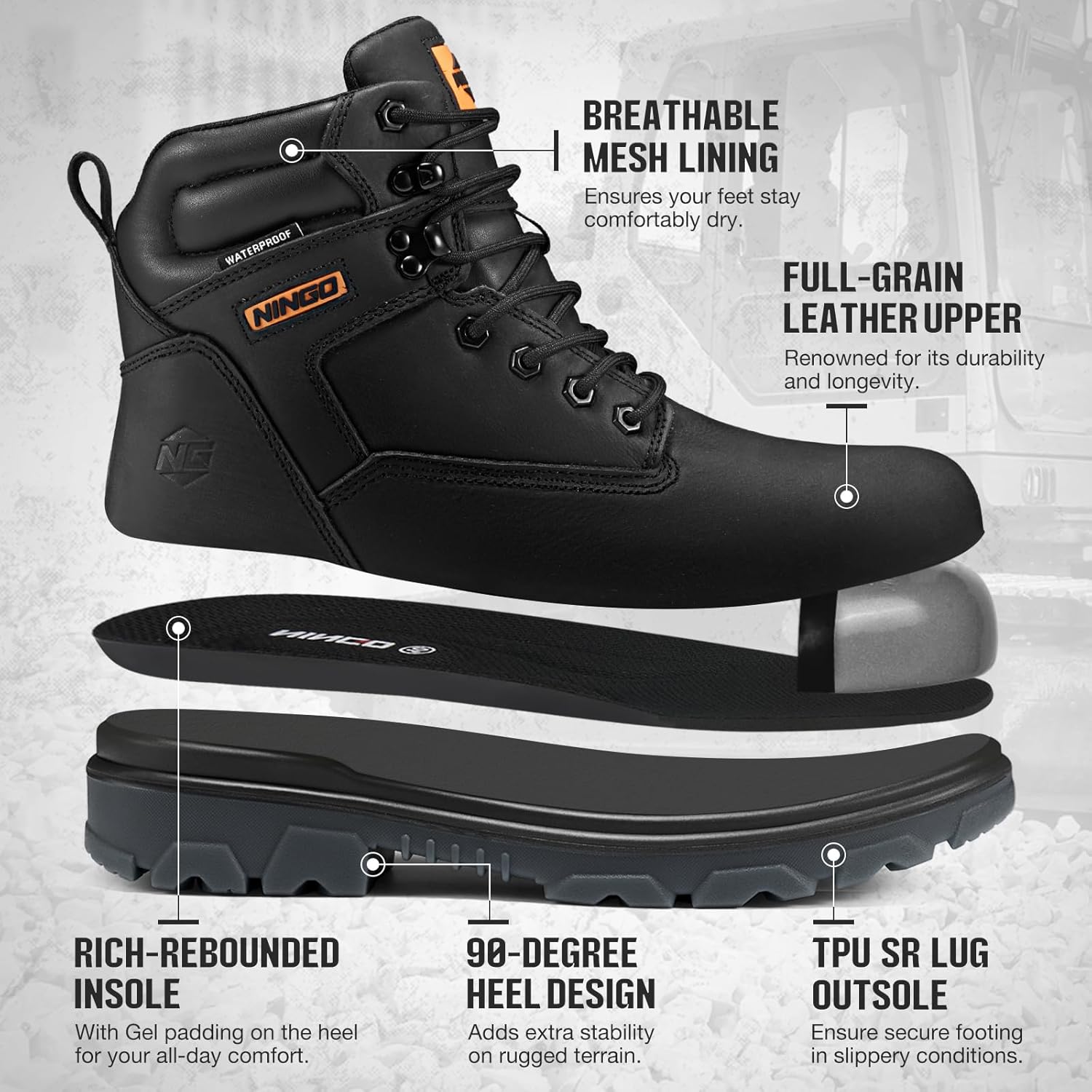 NINGO Work Boots for Men, Steel Toe Waterproof Boots with Puncture Proof, Oil & Slip Resistant, Comfortable Mens Construction Boot with EH Protection, Leather Shoes for Industrial - Image 4