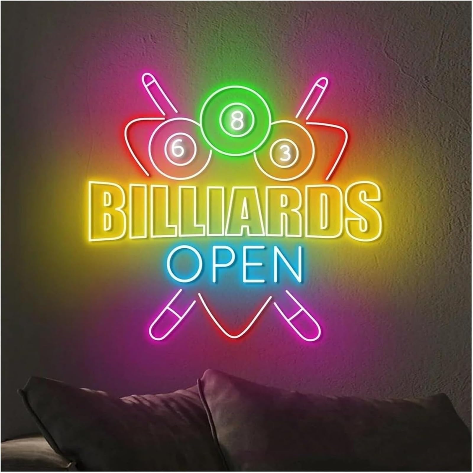 Insegna al neon con luci, biliardo, sala da aperta, gioco, decorazione parete, 63,5 cm