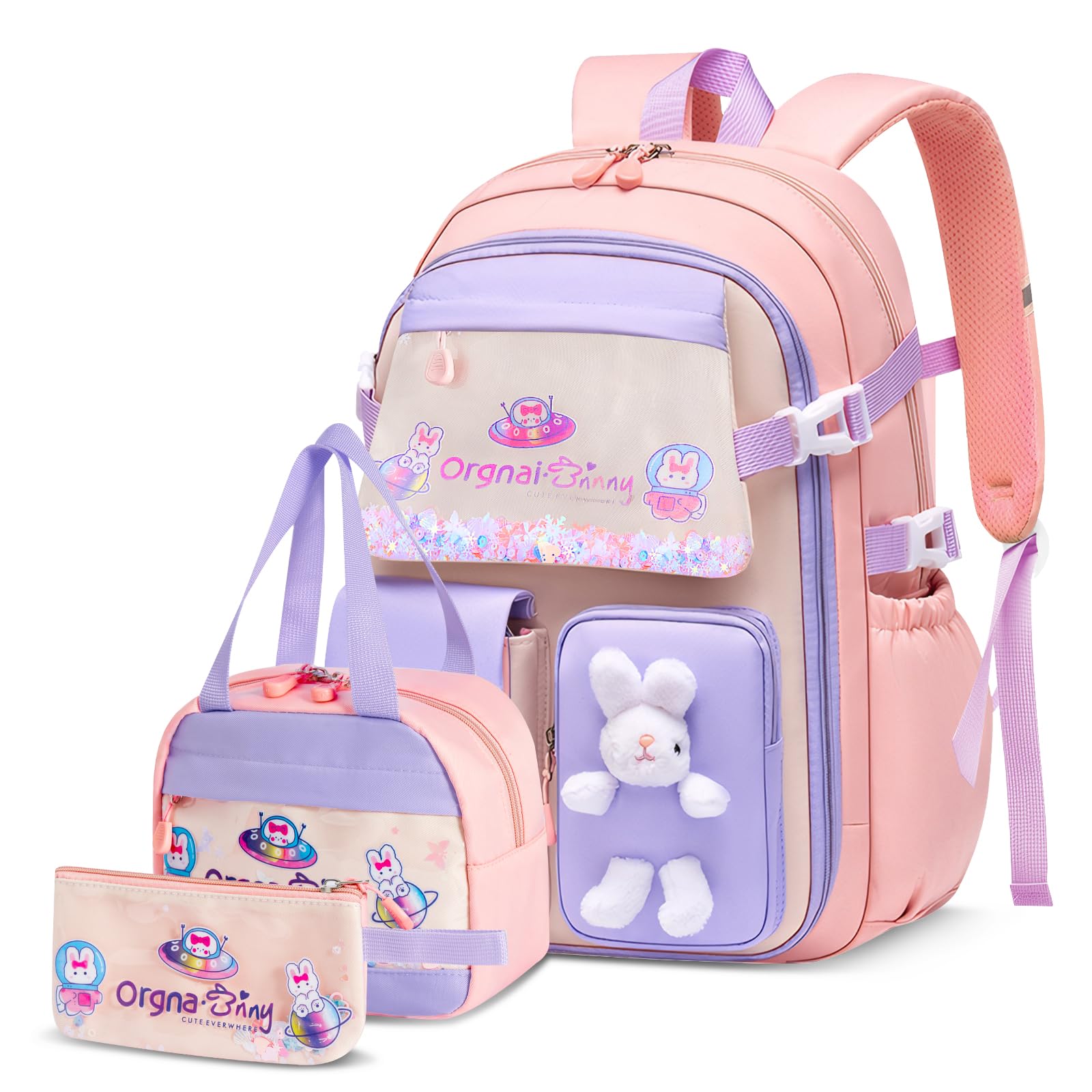 Amythe Set schoolrugzak meisjes 3e tot 7e klas, 2025 schooltas met lunchtas etui voor school reizen voor 15,6 laptop YTK6858, lila, 32x16.5x43 cm, Rugzak Rugzak
