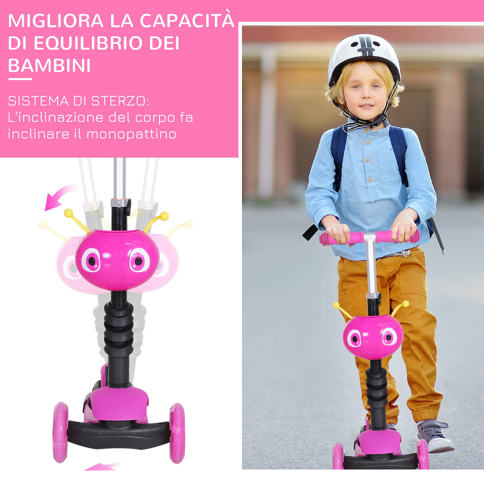 HOMCOM Monopattino 3 Ruote per Bambini con Sedile e Maniglione, Manubrio con Altezza Regolabile, 62x25x72.5cm Rosa