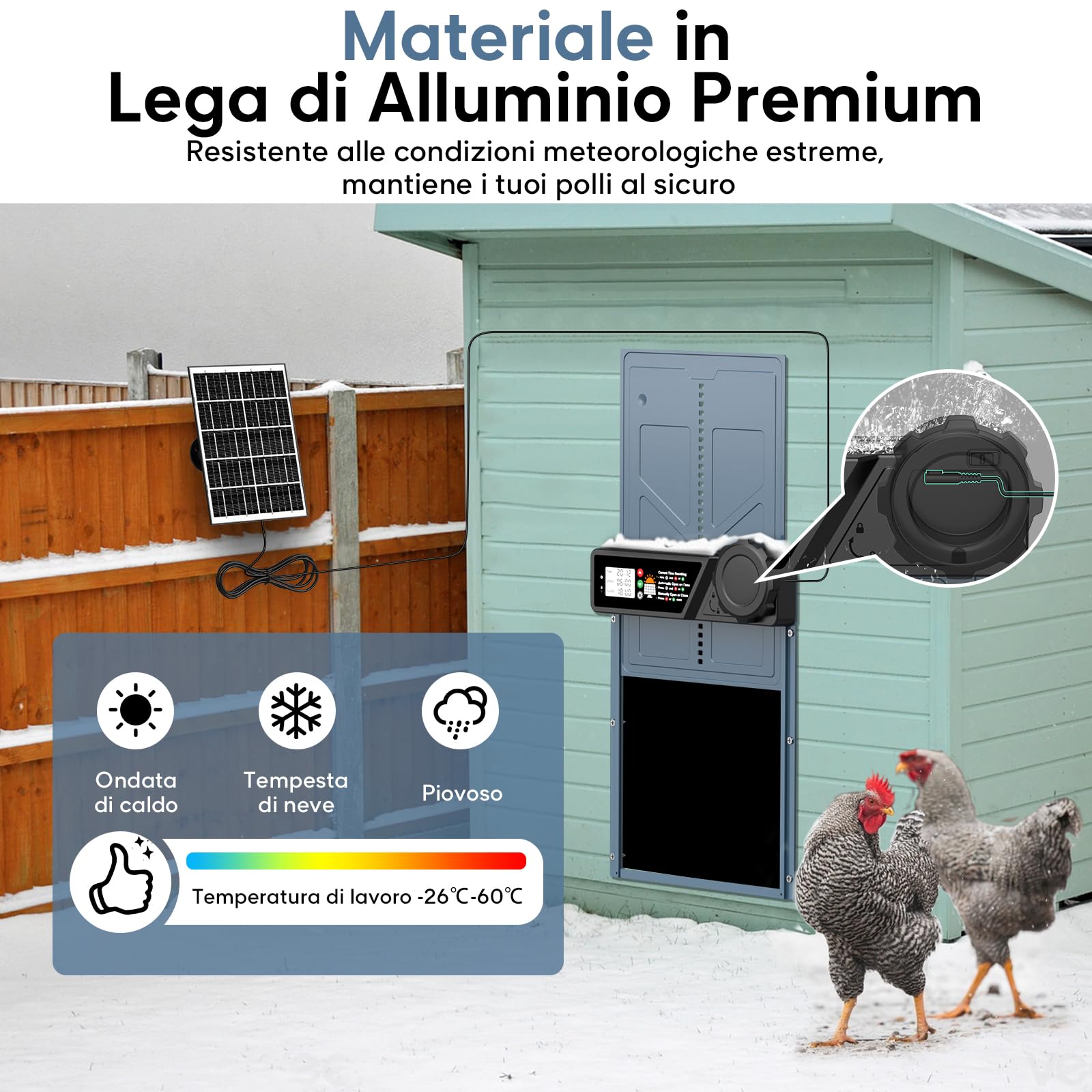 CHAMUTY Grande lembo automatico per pollo, a energia solare, con timer, pannello solare da 7 W, display LCD, telecomando, porta automatica pollaio, protezione antibloccaggio