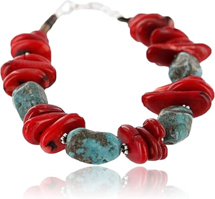 $100Tag Certified Silver Navajo Natural Turquoise Coral Native Bracelet 370991475563 Made by Loma Siiva