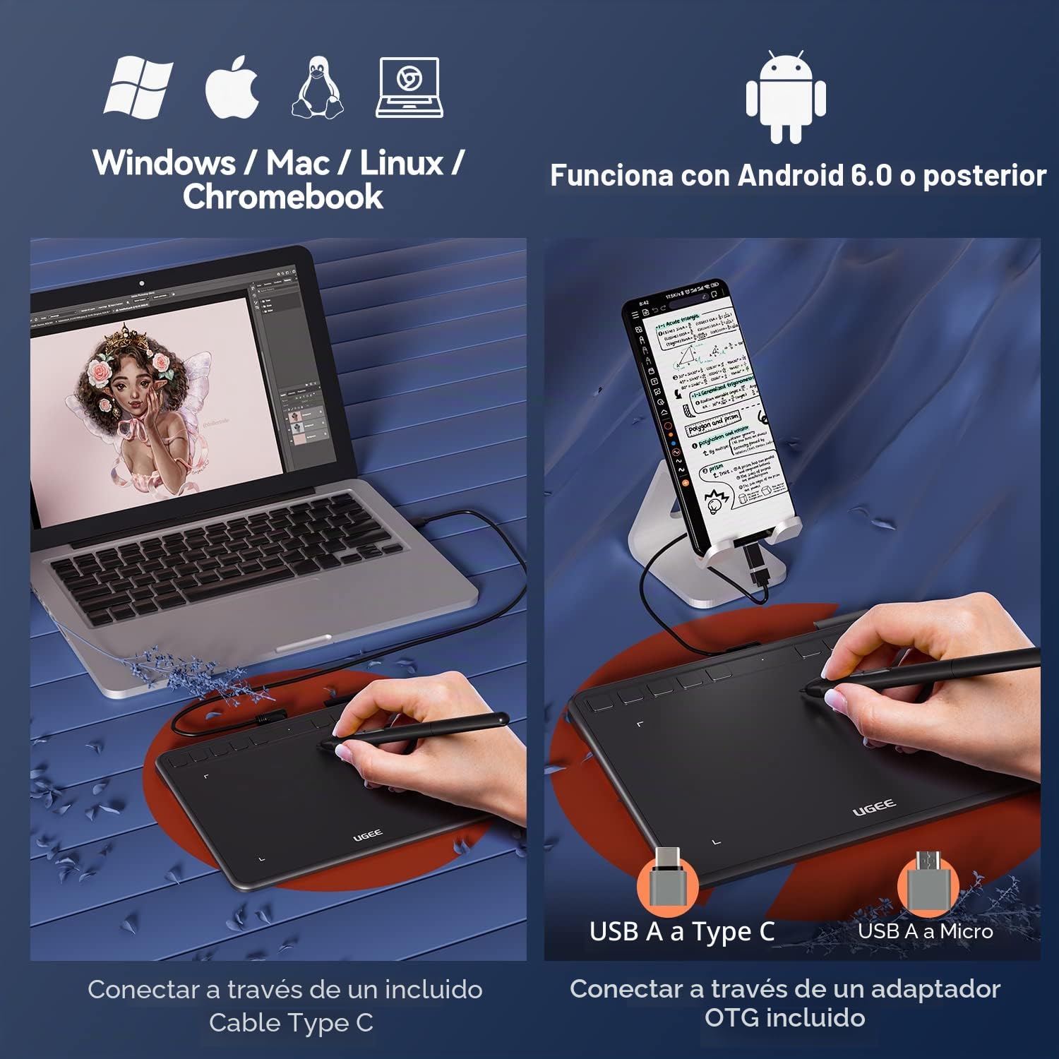 UGEE S640 Tableta gráfica de dibujo digital ultradelgada portátil con función de inclinación de lápiz óptico sin batería 8192 Sensibilidad a la presión Compatible con Windows/Mac/Linux/Android