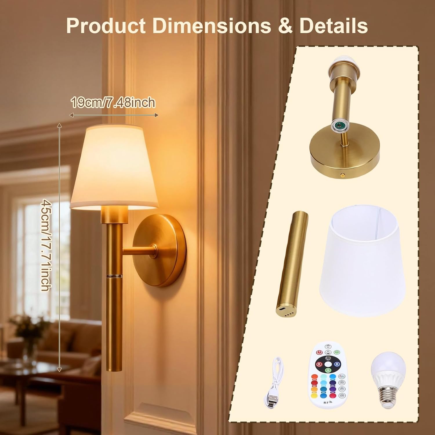 Tomshine 2 Pack Battery Operated Wall Sconces, 5200mAh Rechargeable Wireless Wall Lights with Remote, Magnetic Detachable RGB Dimmable Gold Fabric Lamp for Bedroom Living Room