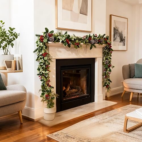 Miniatura 6 de Guirnalda de Navidad de 6 pies con conos de pino y bayas, guirnalda de acebo de cedro esmerilado para manto, mesa o porche, decoración festiva para