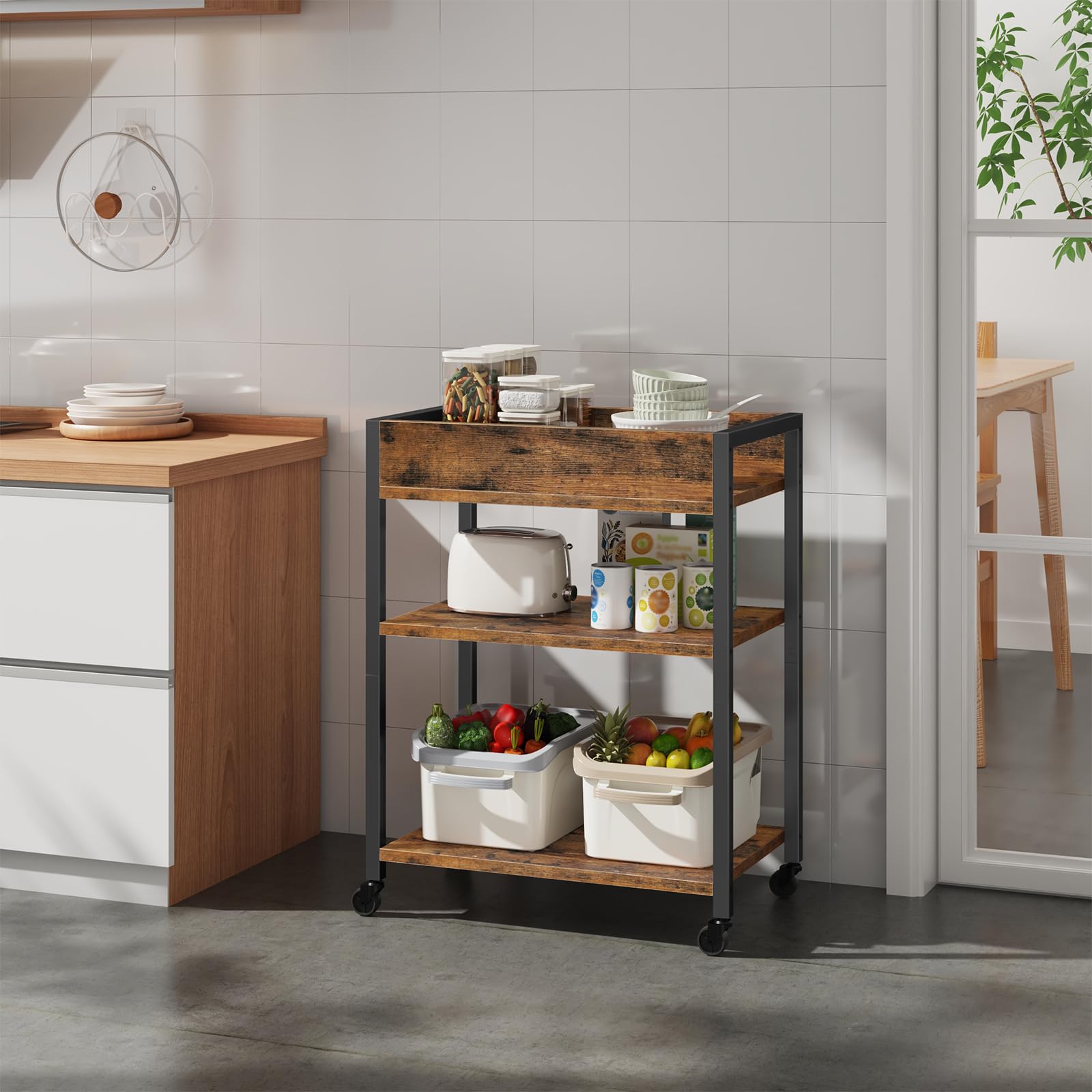 HOOBRO Carro de Servicio de 3 Niveles, Carrito con Barandilla, Carro de Cocina, Estantería de Comedor y Bar, 64 x 40 x 85 cm, para Restaurante, Salón, Bar, Marrón Rústico y Negro EBF64TC01
