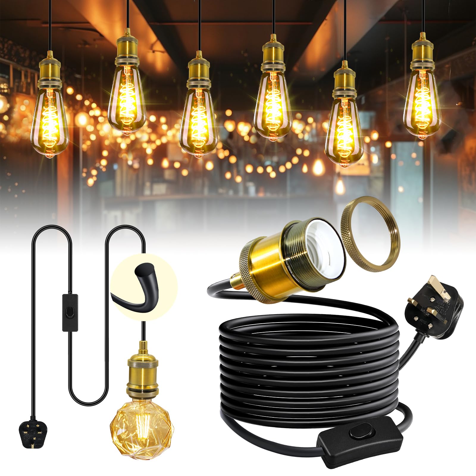 Vintage Brass Pendant Light Fitting, 5 M Black Round Cable Hanging Lamp with Plug in Cord