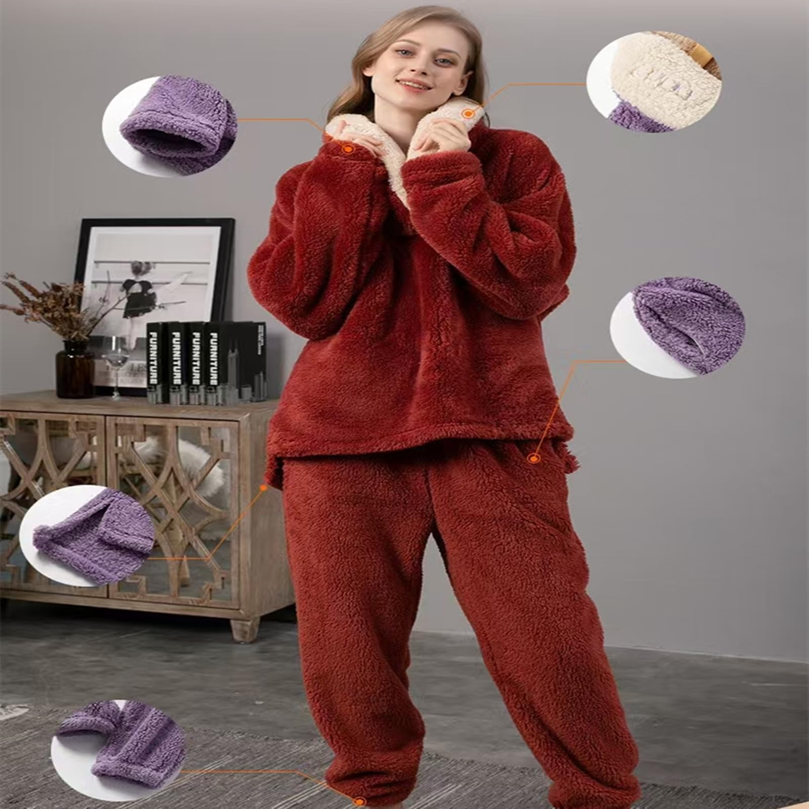 Pigiami da Donna Pigiami da Donna in Pile Corallo Autunno E Inverno Si Addensavano Abiti da Casa di Grandi Dimensioni Femminile Sciolte per Pigiami da Donna-Viola-m