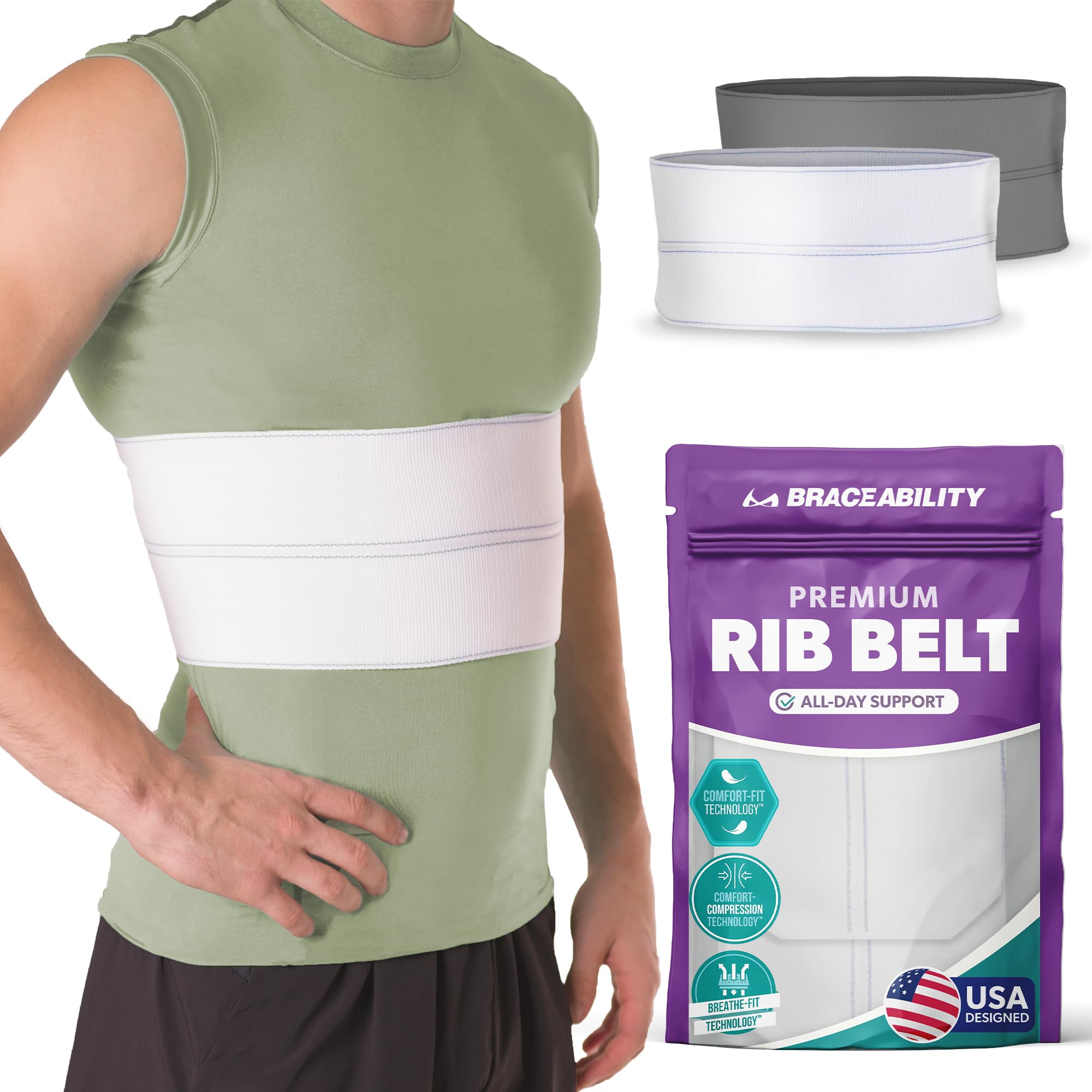 BraceAbility Broken Rib Brace | Elastic Chest Wrap Belt for Cracked Fractured or Dislocated Ribs Protection Compression and Support (Male - Fits 24"-60" Chest)