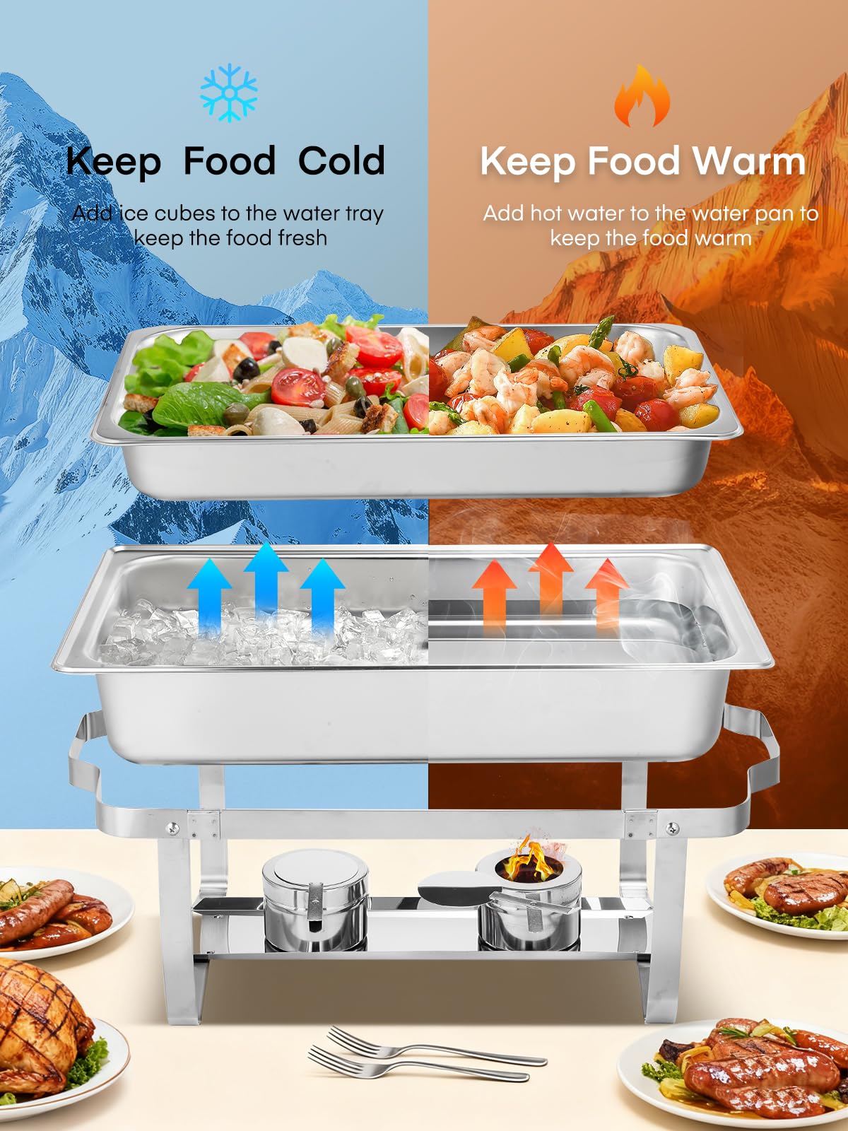 Chafing Dish Buffet Set 4pcs Edelstahl Warmhaltebehälter, 9L Speisewärmer, Wärmebehälter Rechaud, Buffet Wärmer für Catering Party(2X GN-Behälter 1/1, 2X GN-Behälter 1/2 und 4X GN-Behälter 1/4)