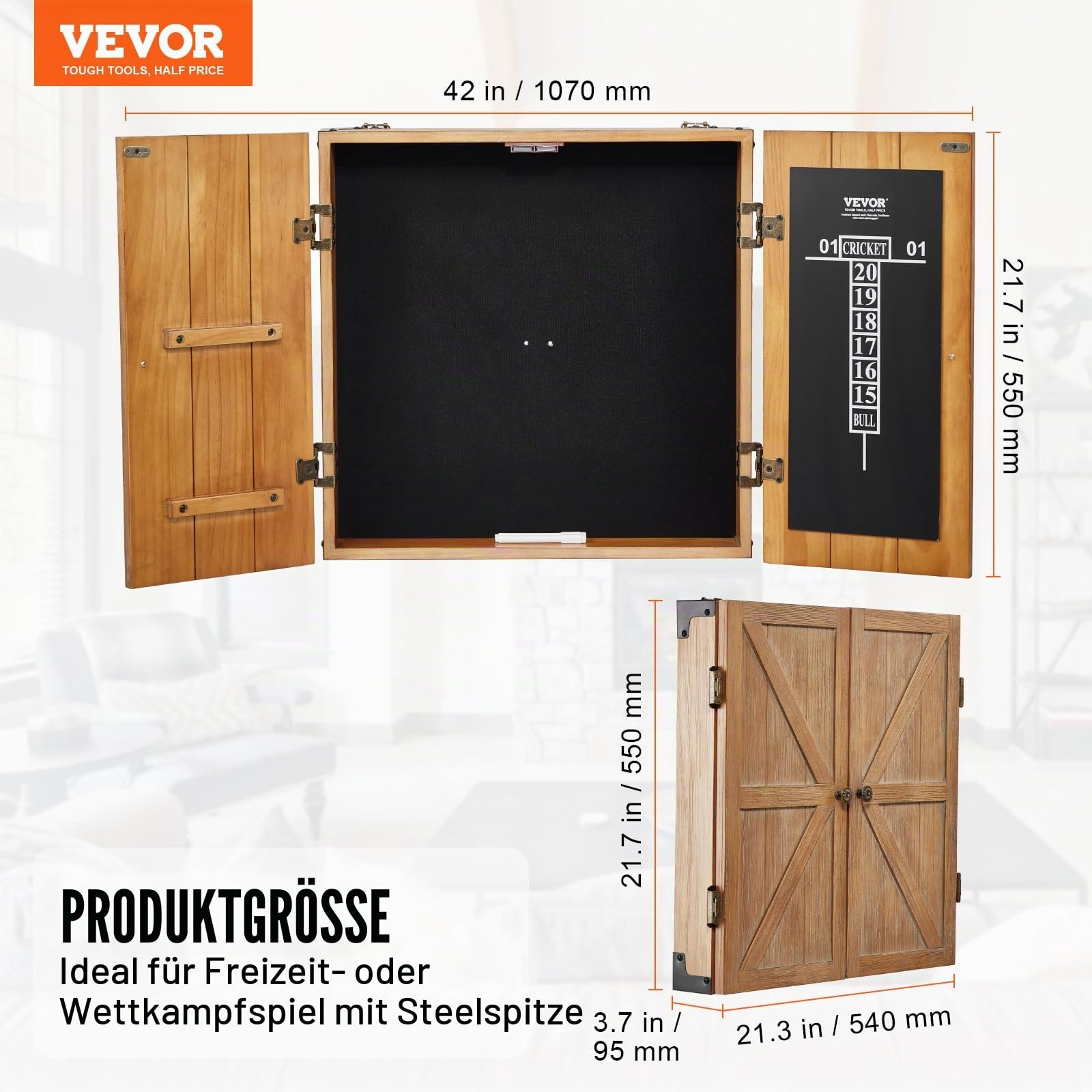 VEVOR Dartboard-Schrank-Set aus Massivholz, versteckbarer Schrank in offizieller Größe mit Zubehör für Cricket-Spiele (Dartboard Nicht im Lieferumfang enthalten)