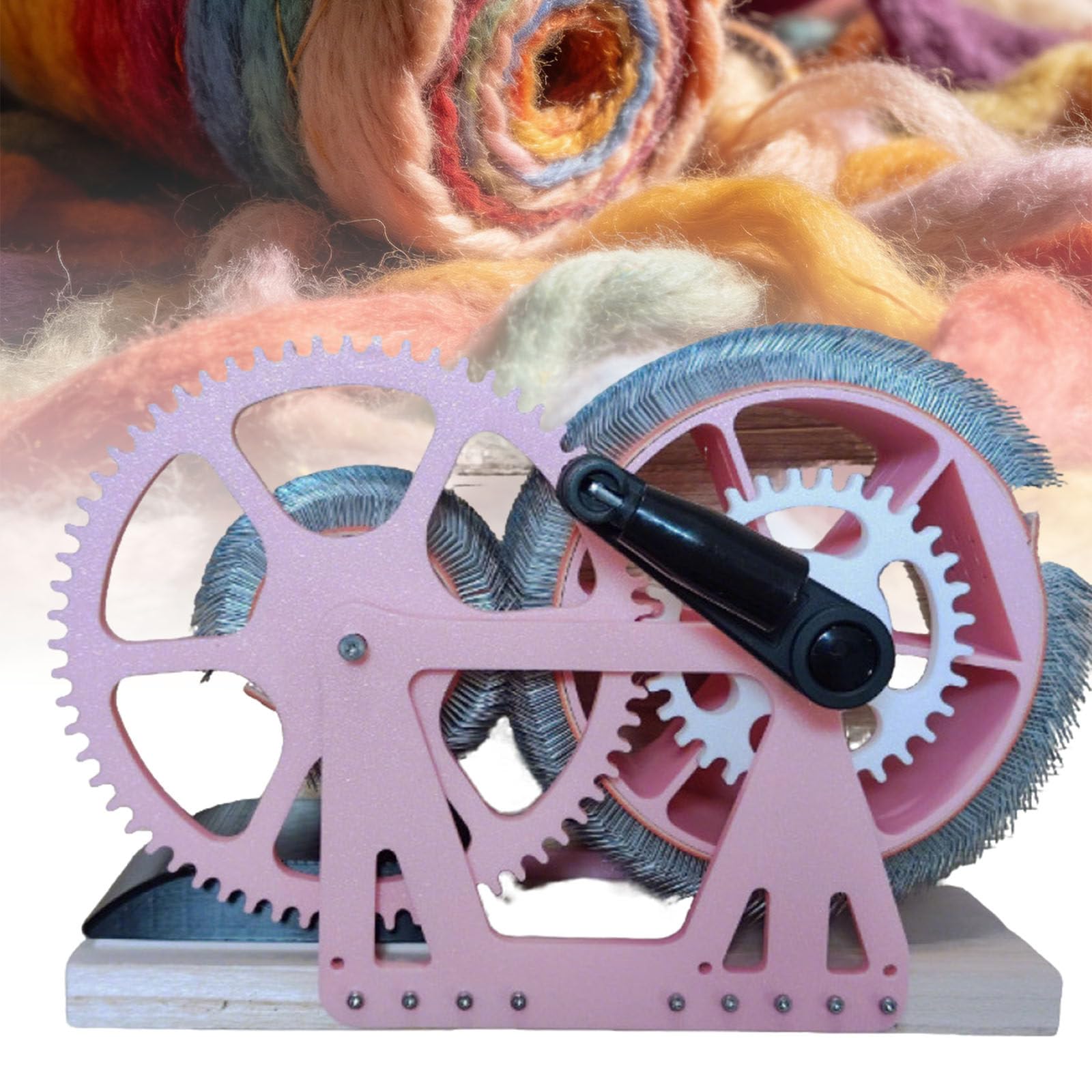 Ymnogjie Wool Drum Carder Fiber Carding Machine,with Brush and Awl,Wool Blending Wheel for Combing Blending,Making Felt Projects WoodenBase-Pink