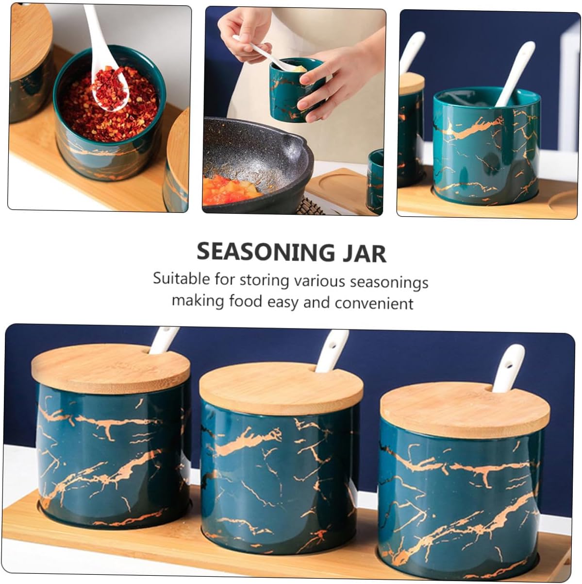 Ceramic Spice Box Set with Lid and Spoon, Emerald Marble Pattern 3pcs Condiment Containers for Kitchen Seasoning Storage