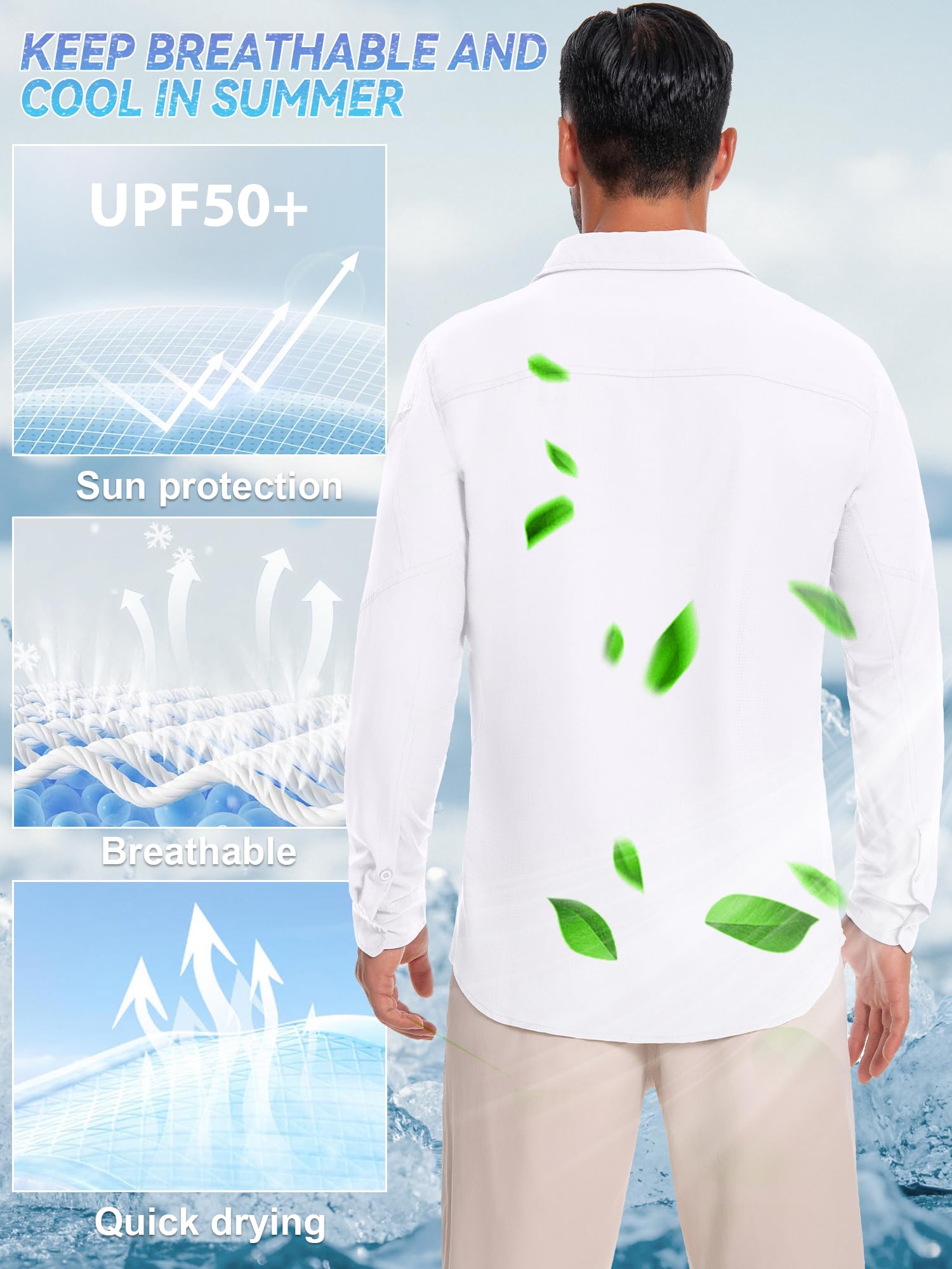 Chemise de pêche Homme UPF50+Manches Longues Anti-UV - Léger pour randonnéeChemise Sport à Boutons avec Poches zippées