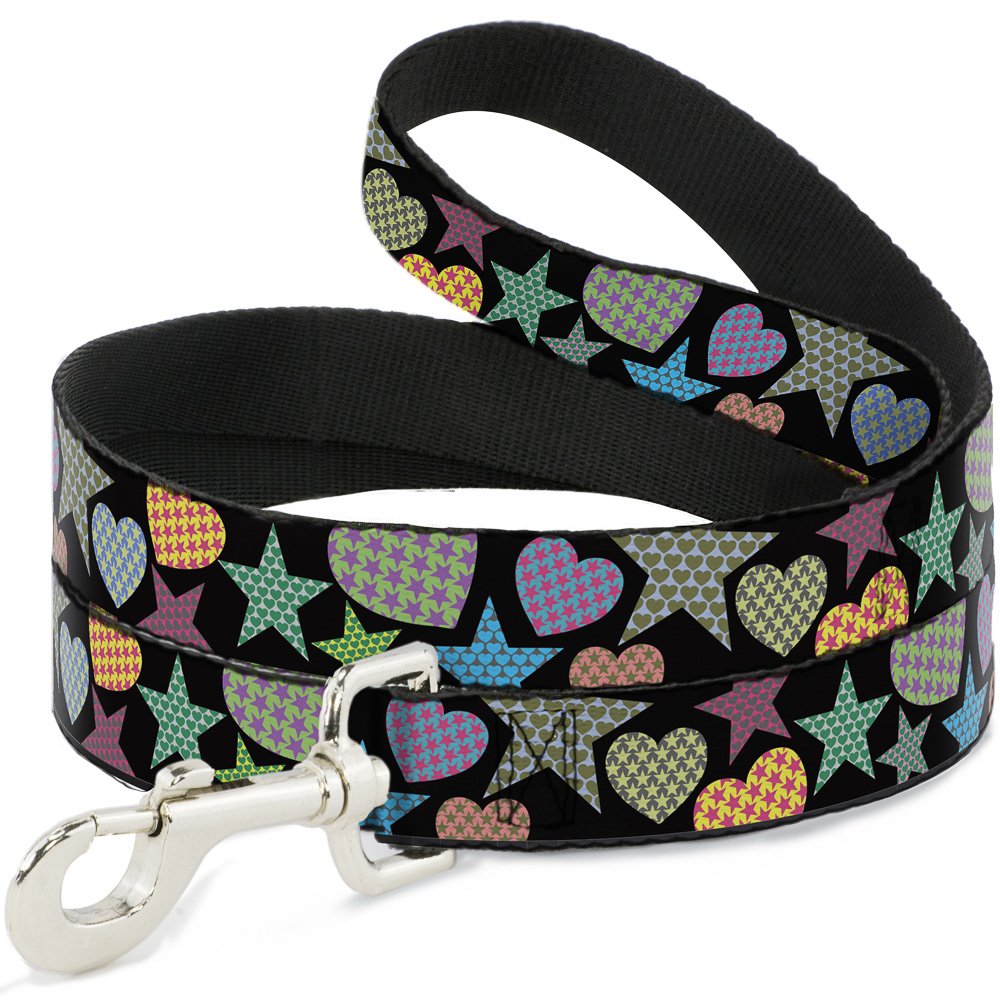 Dog Leash Stars in Hearts in Stars Black Multi 6 Feet Long 0.5 Inch Wide