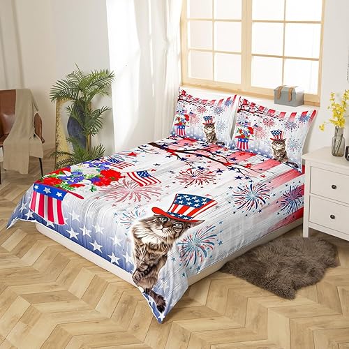 Miniatura 2 de Juego de funda de edredón con diseño de bandera estadounidense para niños, tamaño matrimonial, divertido juego de ropa de cama patriótica con gatos