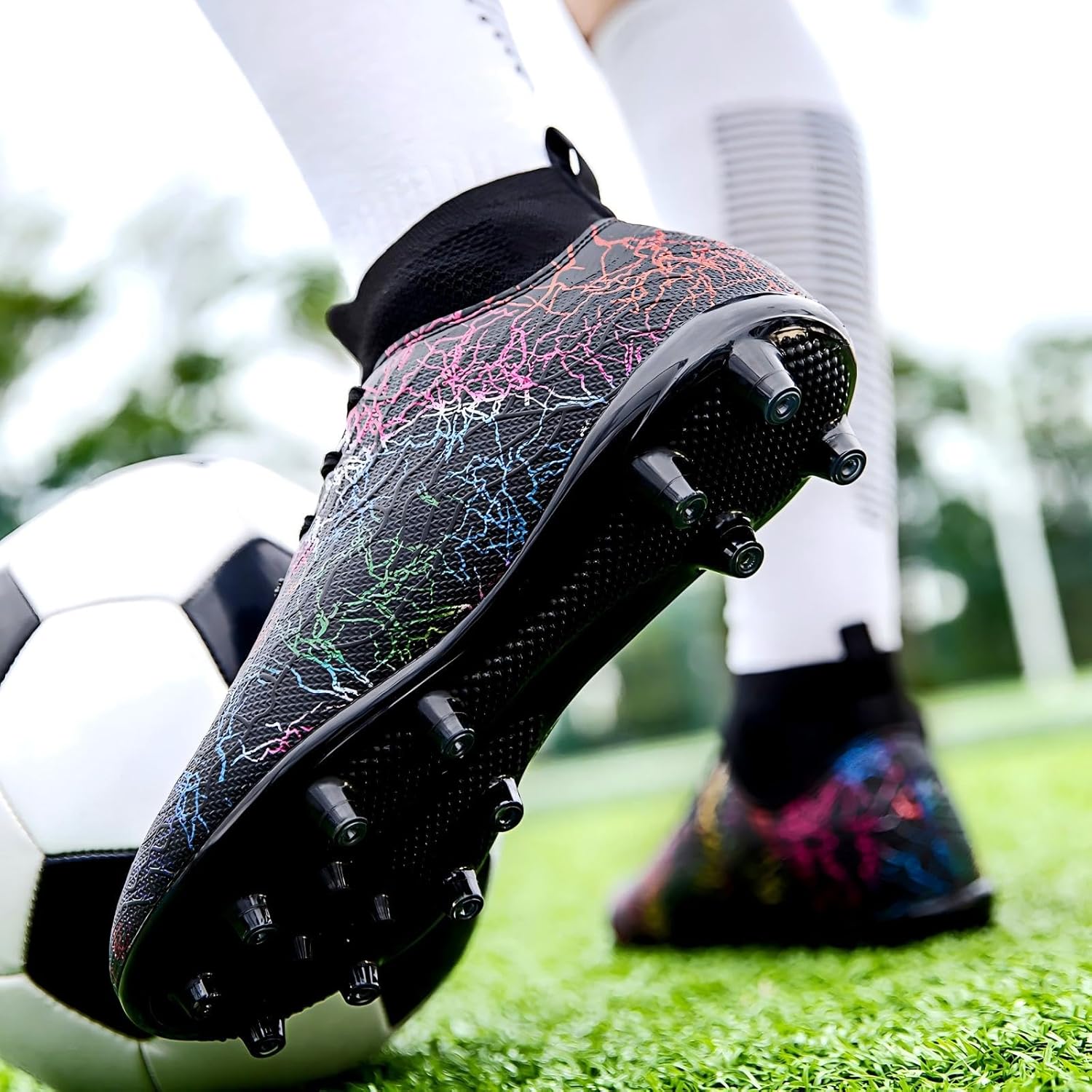 Unisex Adult High-Top Soccer Cleats - Non-Slip Traction Football Boots for Firm Ground & Artificial Turf, Lightweight Training Shoes for Men & Women