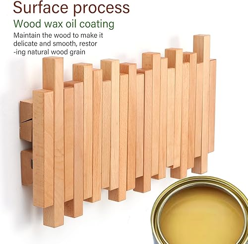 Miniatura 5 de Perchero de madera natural para piano de pared  Perchero de pared  Perchero de pared abatible con 5 ganchos  Almacenamiento de pared de entrada con