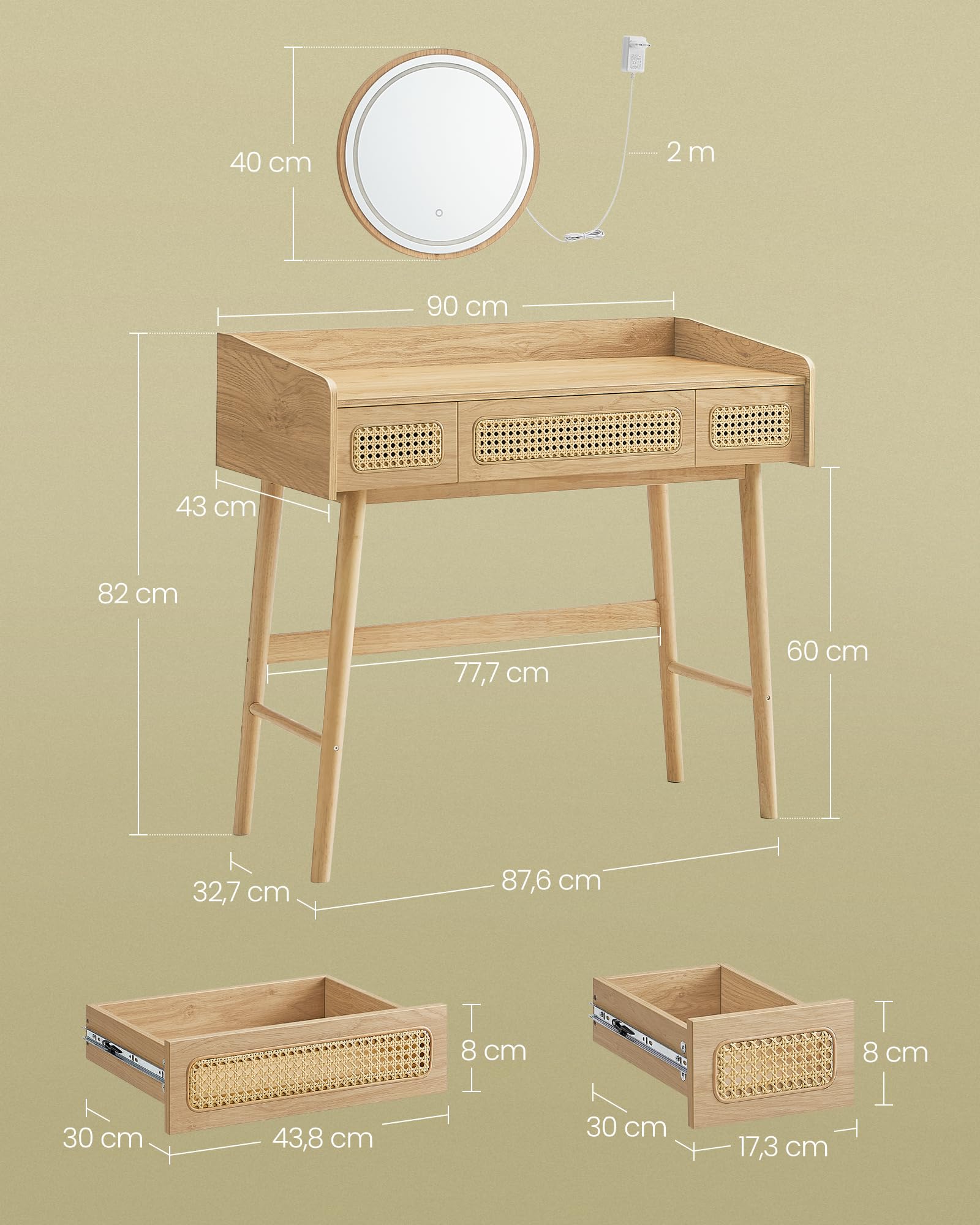 Detailed dimensions of the vanity table and its components.