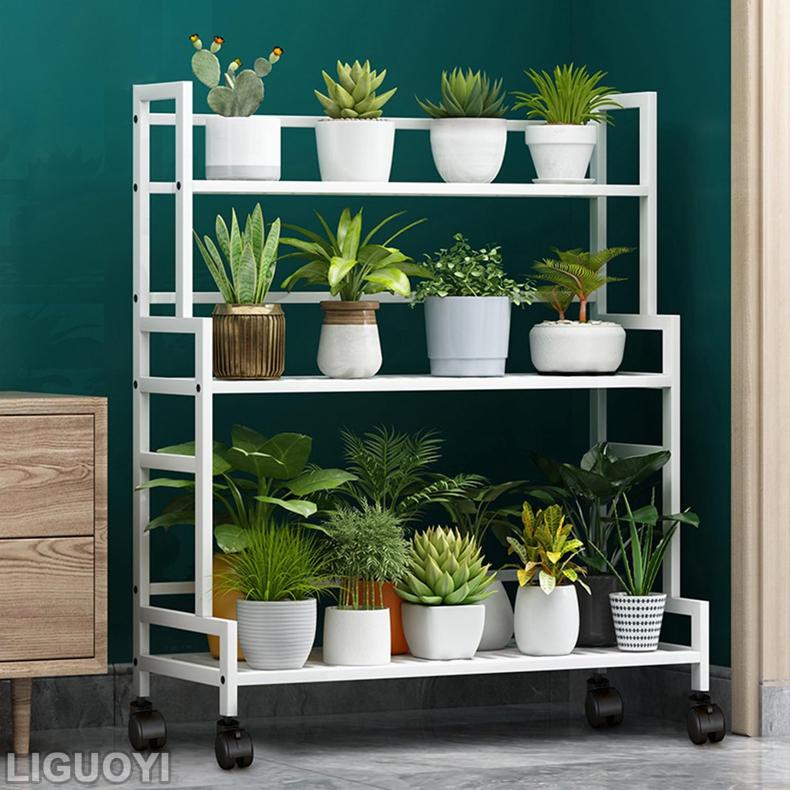 LIGUOYI Metall Blumentreppe Pflanzenregal Mit 3 Ebenen Indoor Outdoor Blumenregal Mit Rädern, Stabiles Stahlgestell Küchenregal Leiterregal Schuhablage Lagerregal Für Garten, Balkon, Wohnzimmer