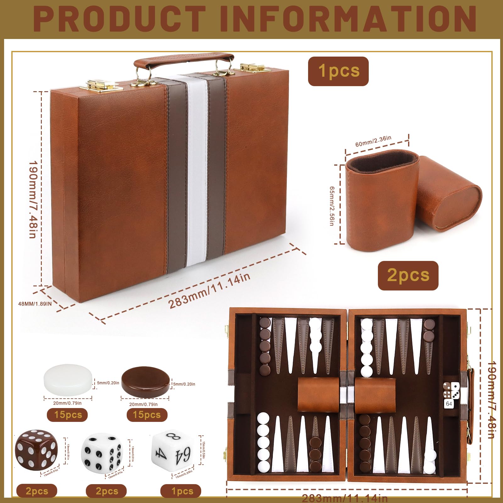 Backgammon, Set da viaggio in legno con custodia in pelle di alta qualità, Portatile, 2 giocatori, Età: 8+, Per tutte le età