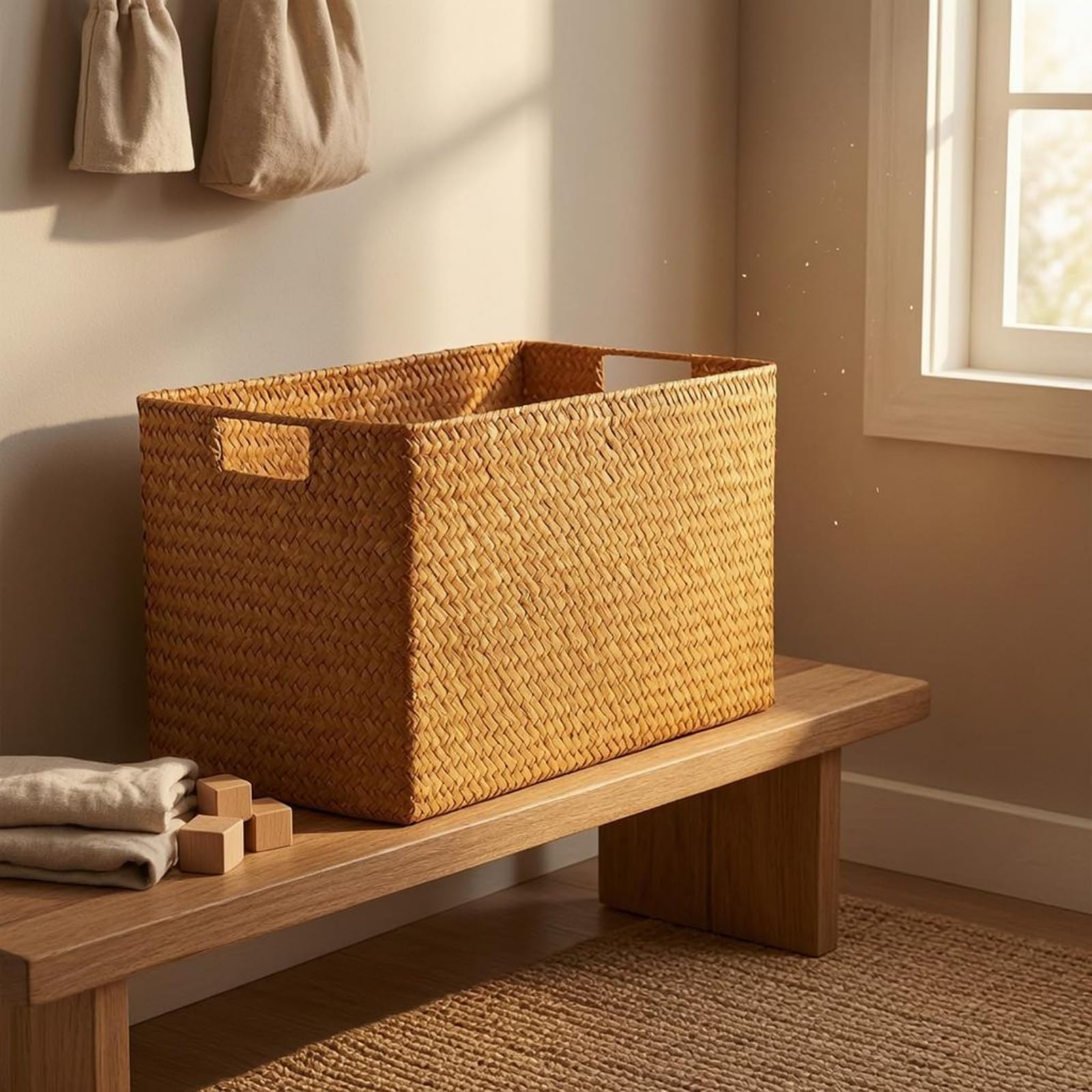 Kunststoffbox mit Grifföffnungen gewebte Struktur geflochtene Aufbewahrungsbox rechteckig Korbbox mit Deckel für Arbeitszimmer, Braun, 44x30x29 Cm